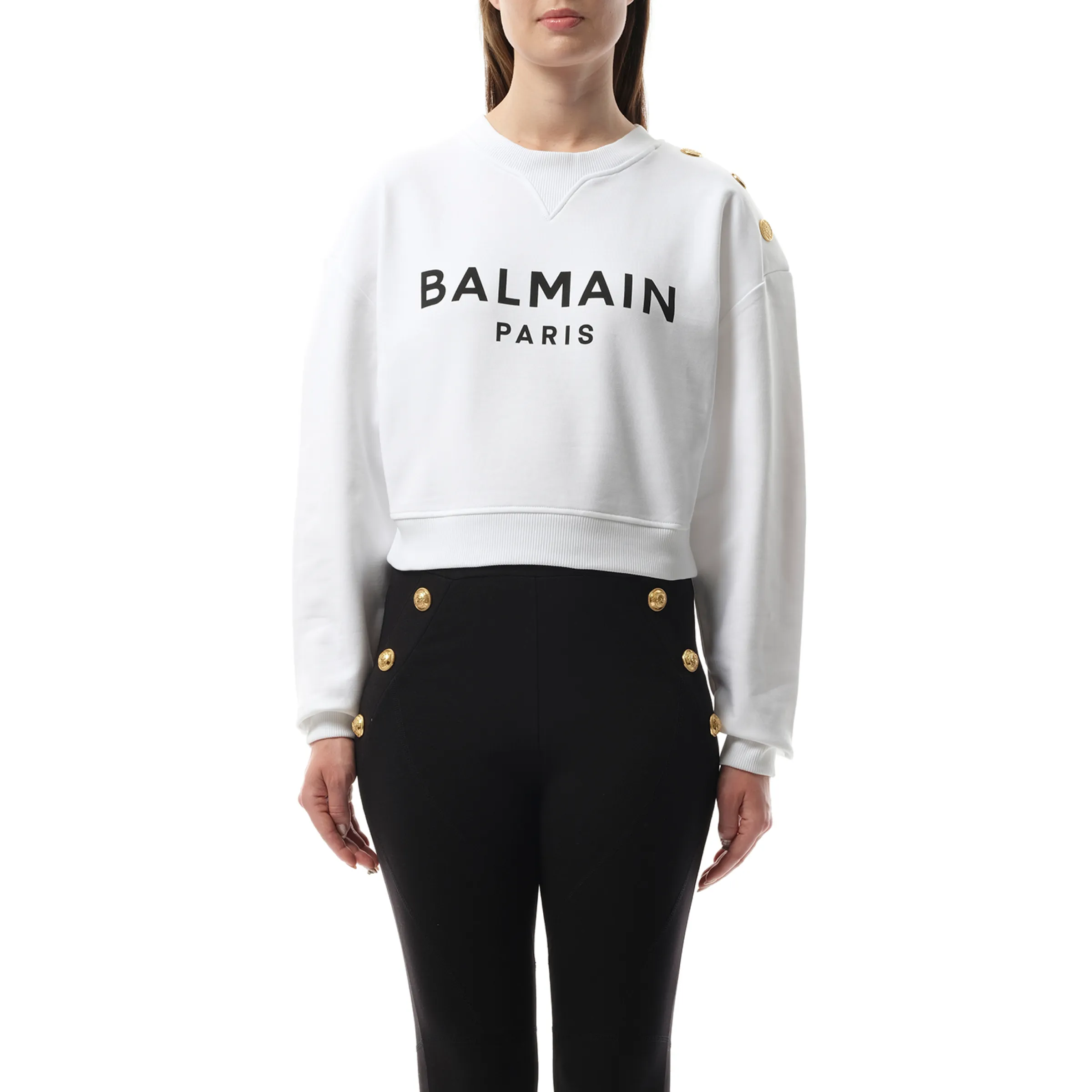 3 Button Balmain Printed Sweatshirt in White/Black sold by MARAIS