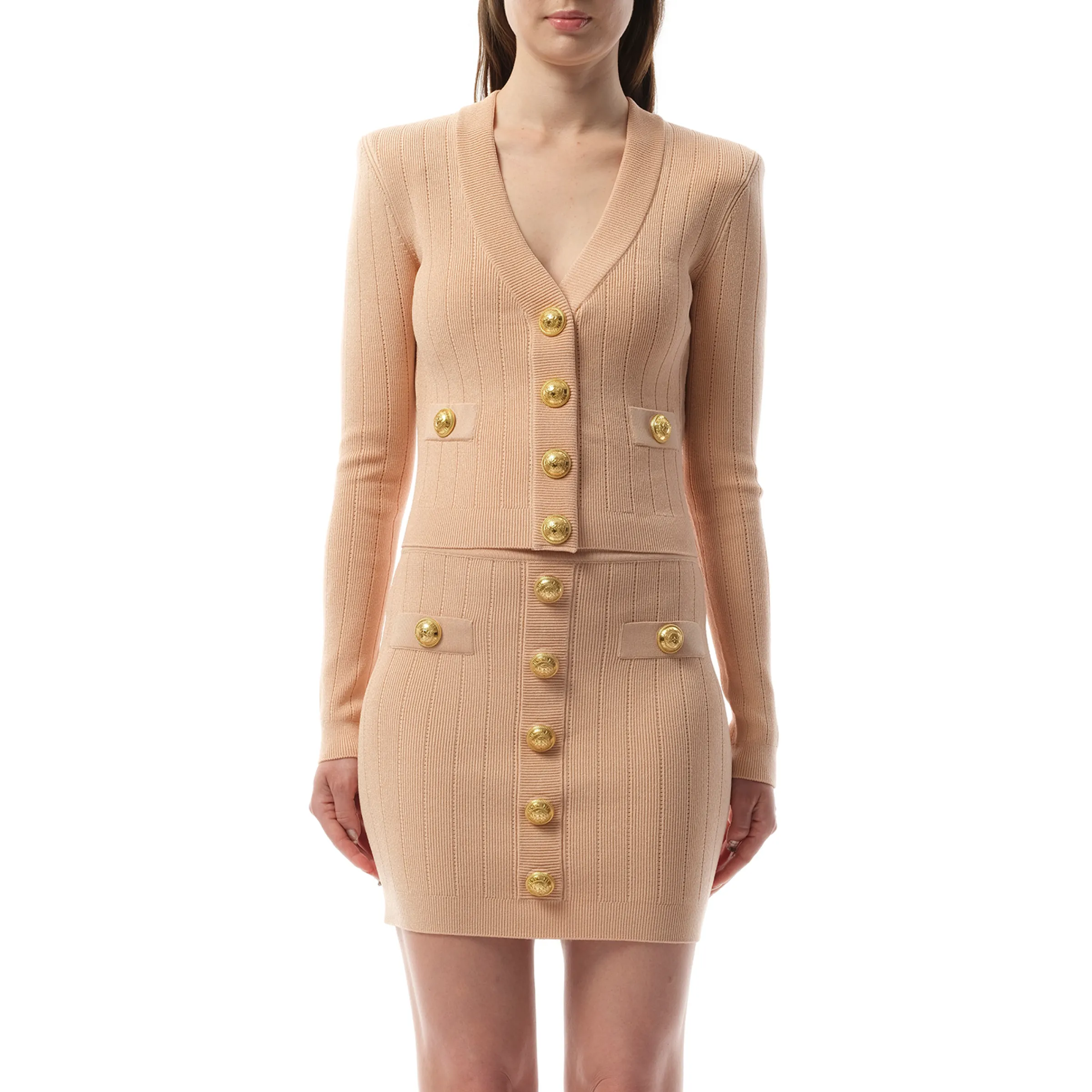 V-Neck 2 Pockets Buttoned Knit Cardigan in Nude Rose sold by MARAIS