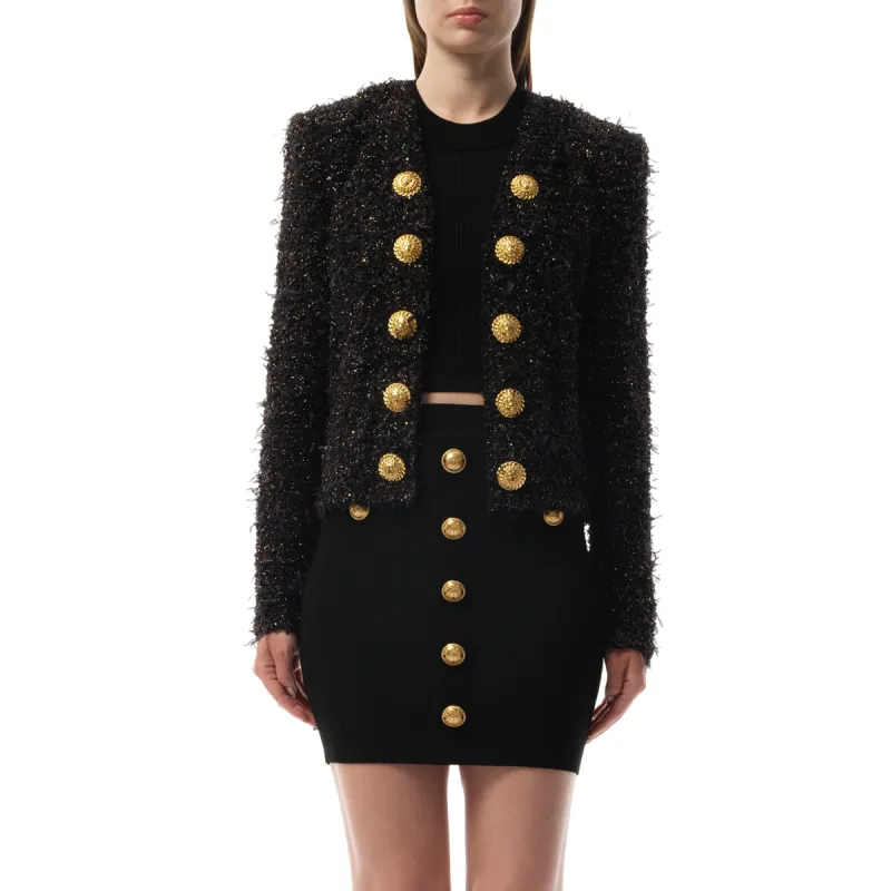 Collarless Side To Side Tweed Spencer in Black/Gold sold by MARAIS