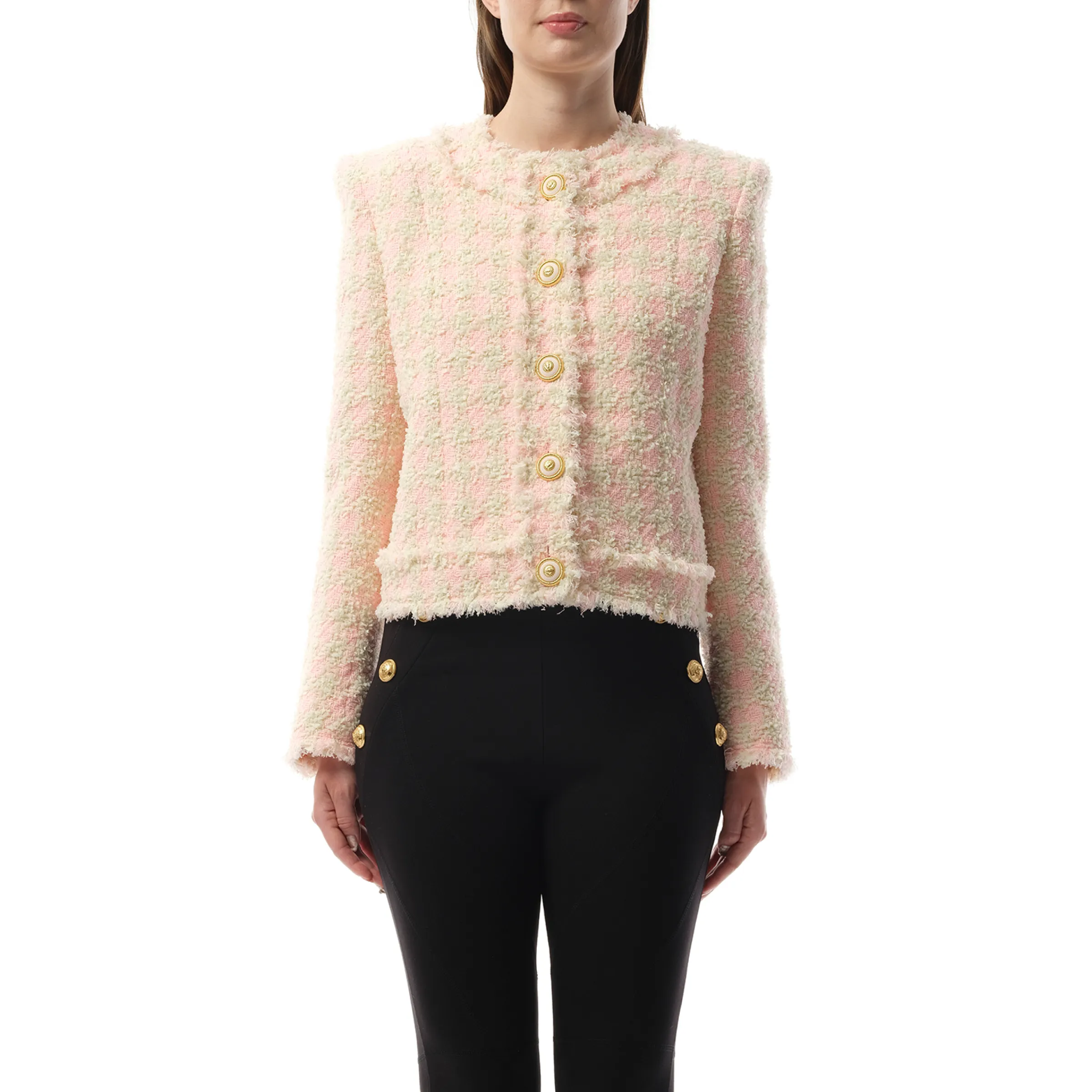 5 Button Collarless Tweed Jacket in Rose/Beige sold by MARAIS