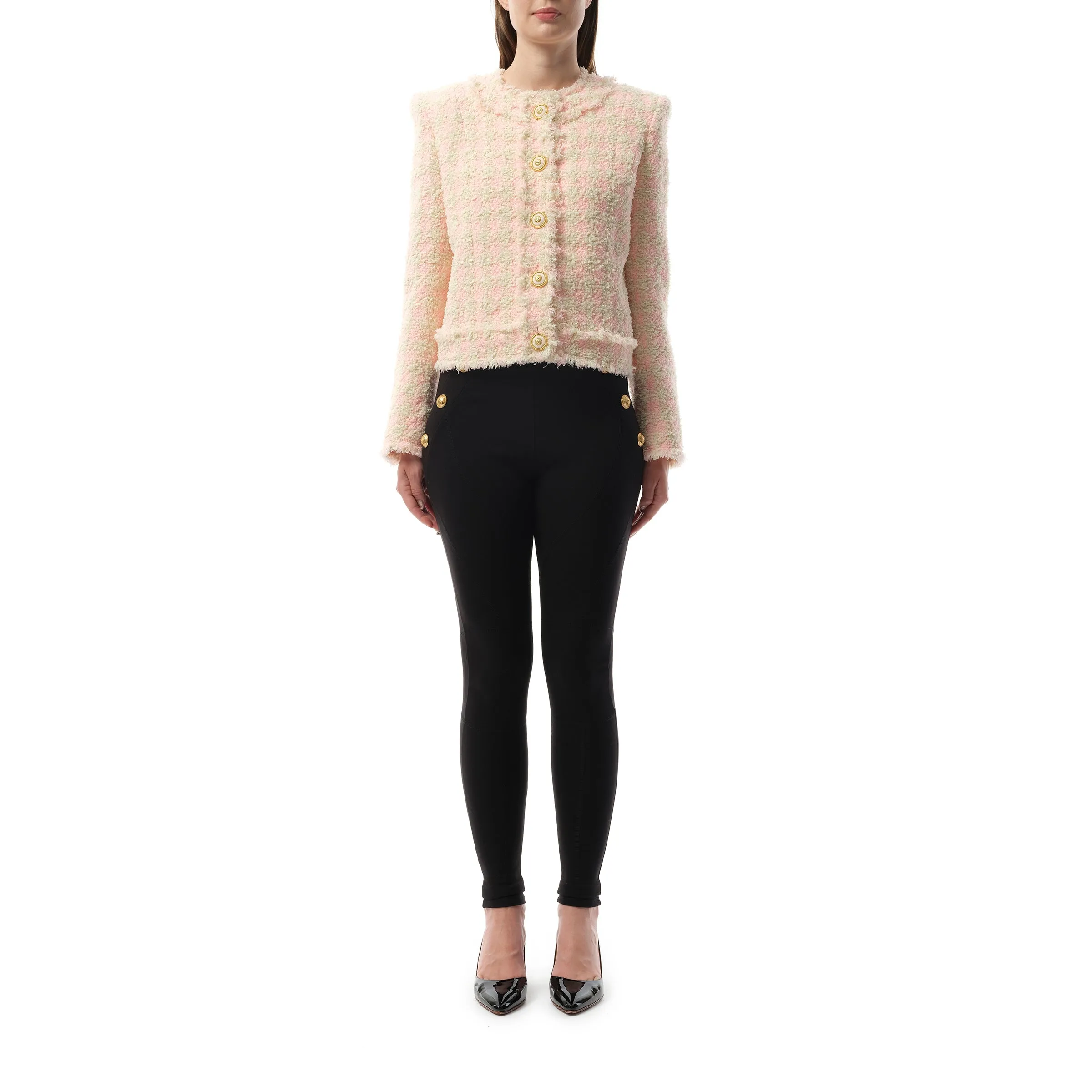 5 Button Collarless Tweed Jacket in Rose/Beige sold by MARAIS product image thumbnail 4