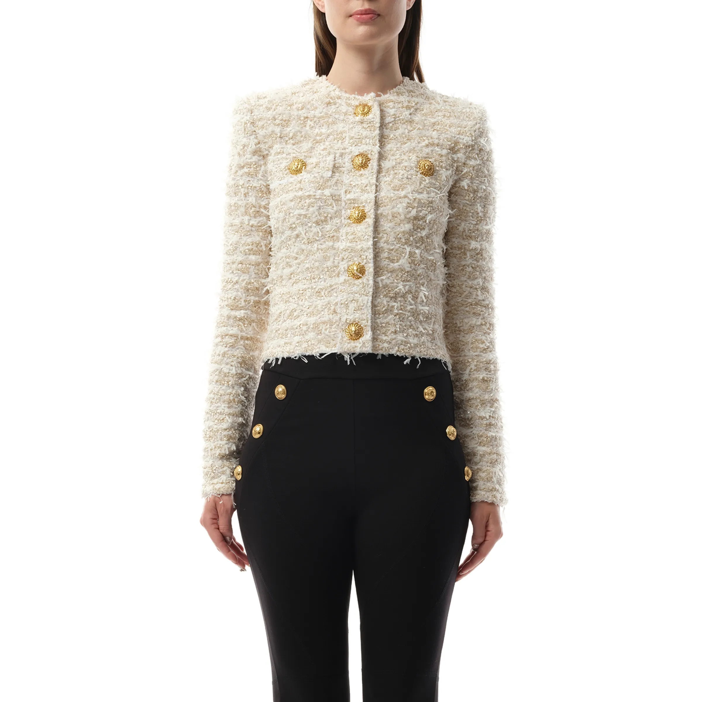 2 Pockets Buttoned Tweed Knit Crop Jacket in White/Gold sold by MARAIS
