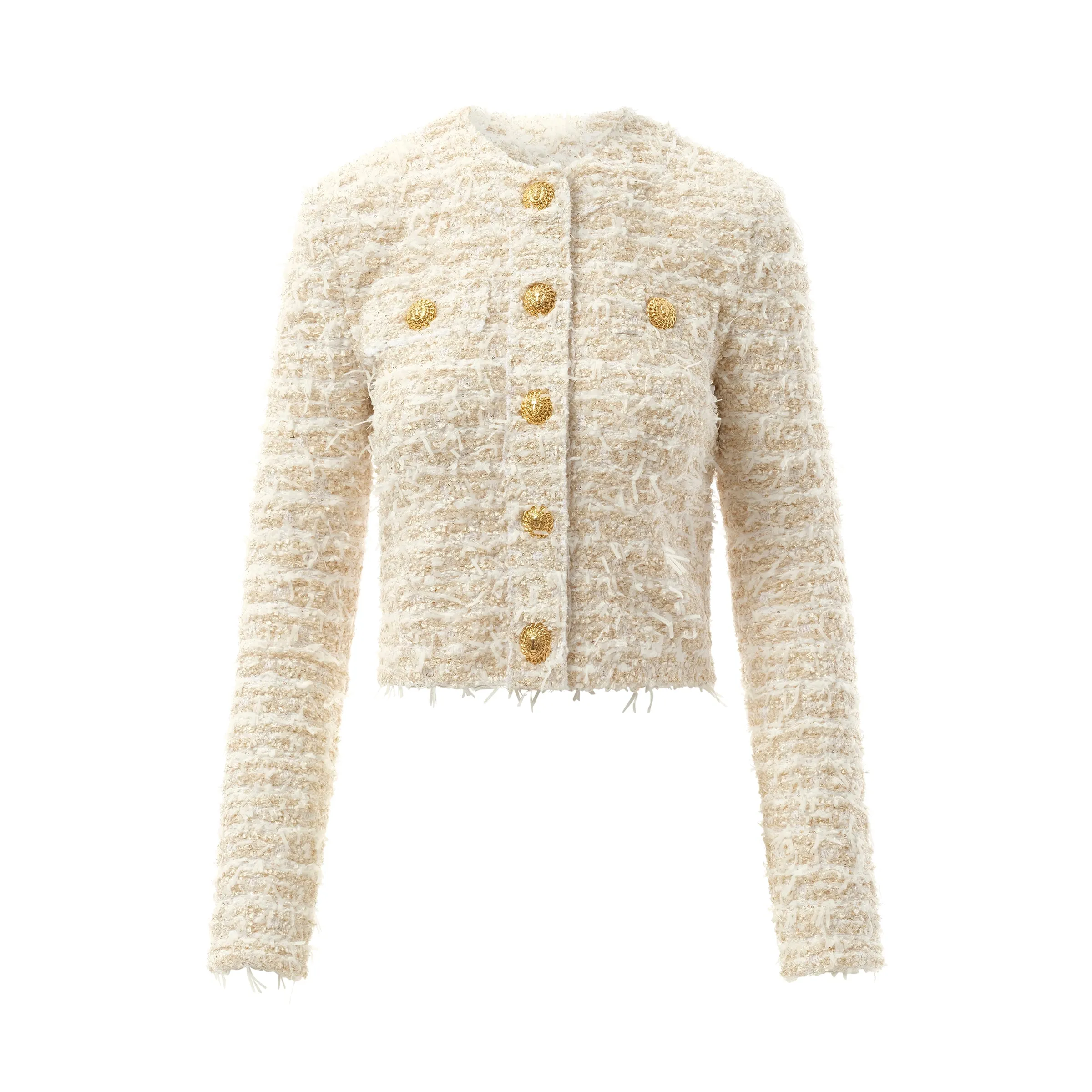 2 Pockets Buttoned Tweed Knit Crop Jacket in White/Gold sold by MARAIS product image thumbnail 2