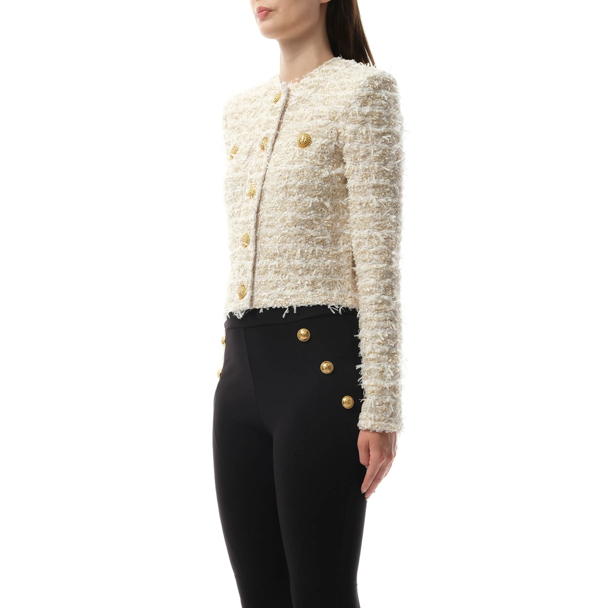 2 Pockets Buttoned Tweed Knit Crop Jacket in White/Gold sold by MARAIS product image thumbnail 5