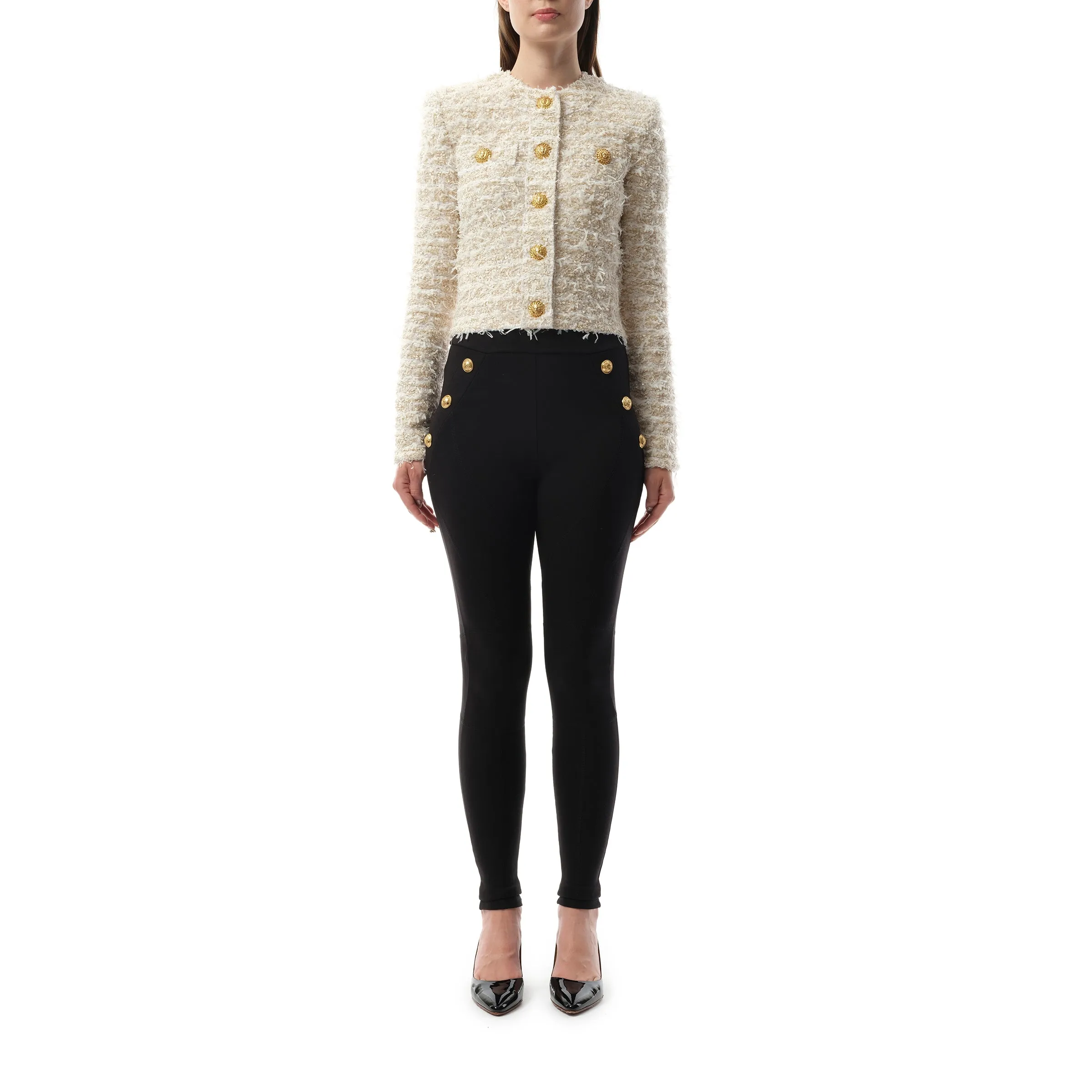 2 Pockets Buttoned Tweed Knit Crop Jacket in White/Gold sold by MARAIS product image thumbnail 4