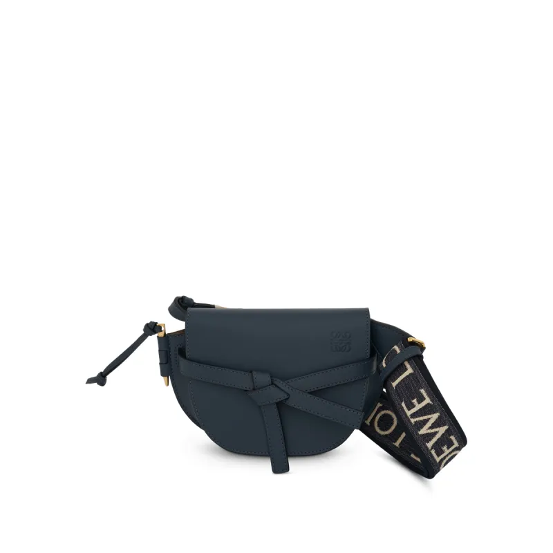 Mini Gate Dual Bag in Soft Calfskin and Jacquard Strap in Onyx Blue sold by MARAIS