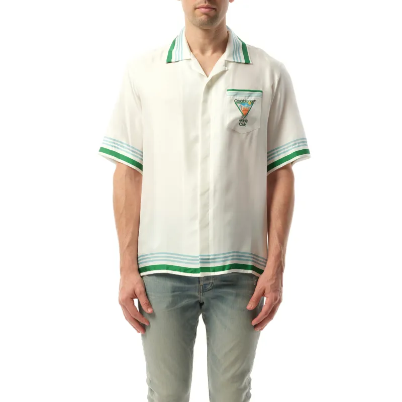 Metaphysical Tennis Icon Cuban Collar Shirt in White/Green sold by MARAIS