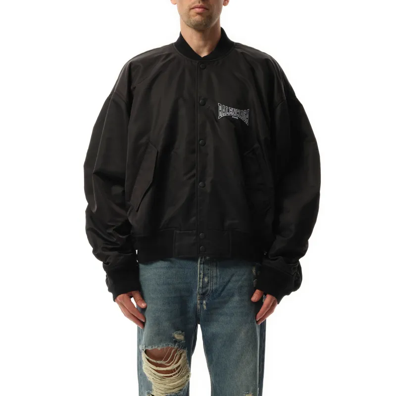 Nylon Bomber Varsity Jacket in Black sold by MARAIS