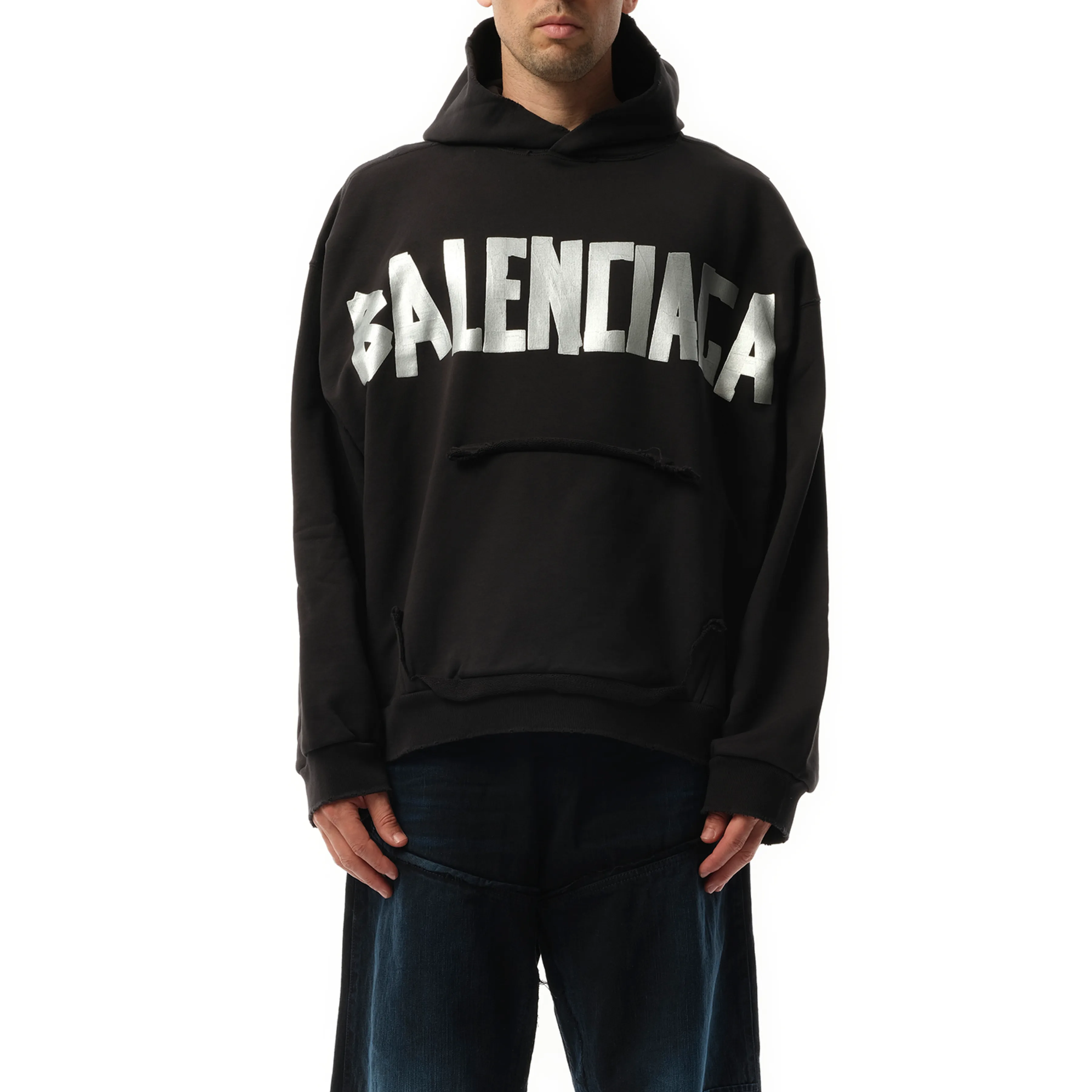 Tape Type Ripped Pocket Hoodie in Faded Black sold by MARAIS