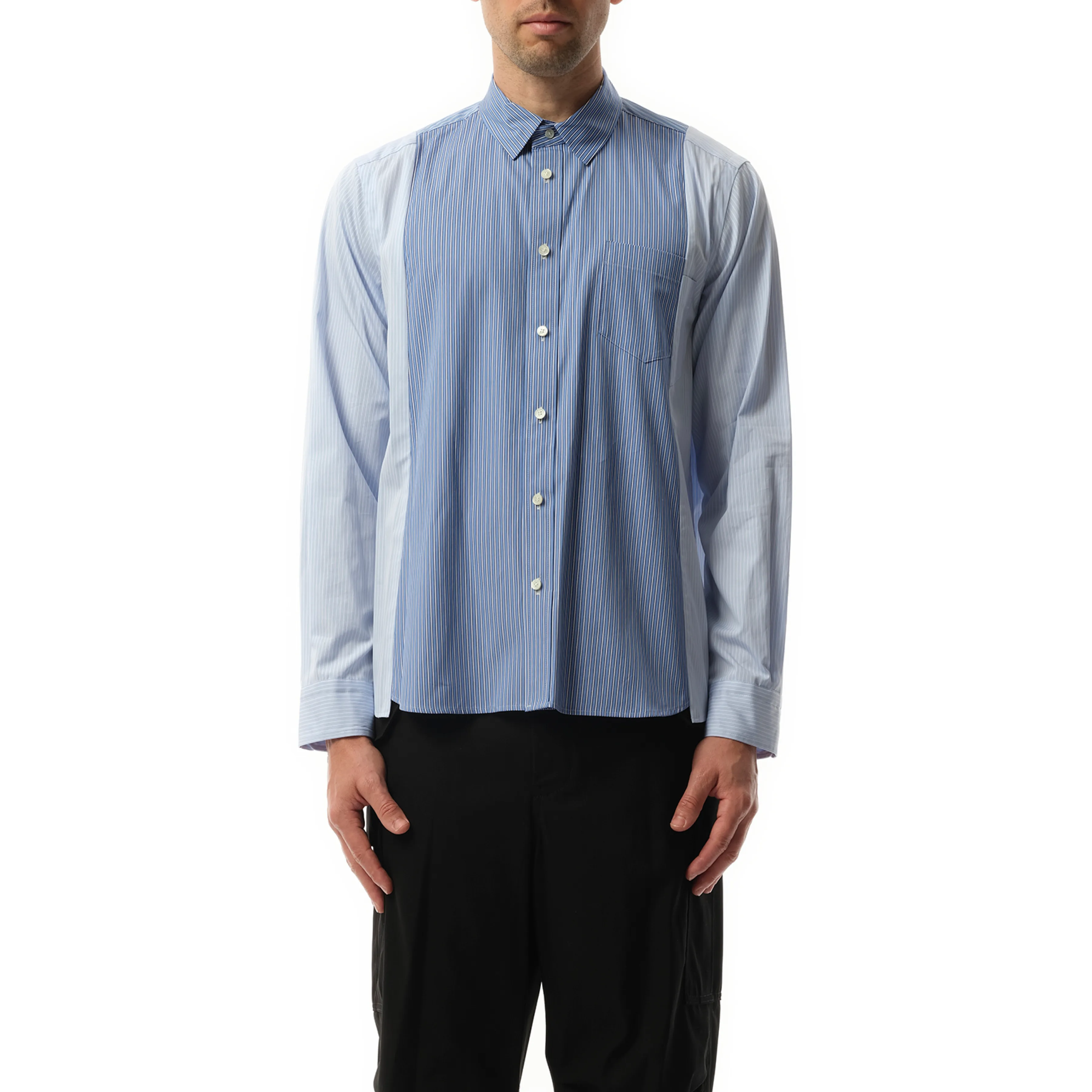 Cotton Poplin Stripe Mix Shirt in Blue sold by MARAIS