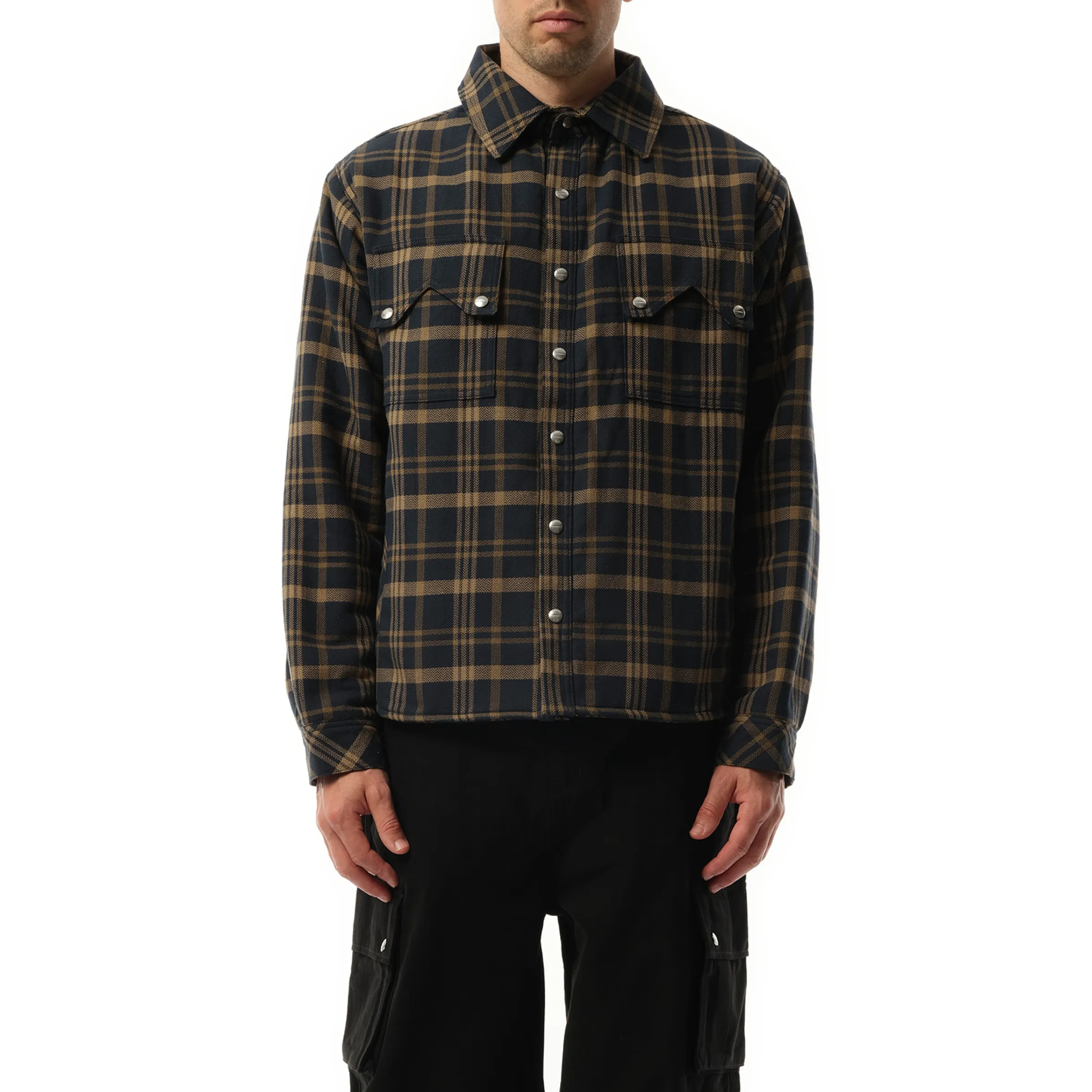 Flannel Sherpa Overshirt in Brown/Black sold by MARAIS