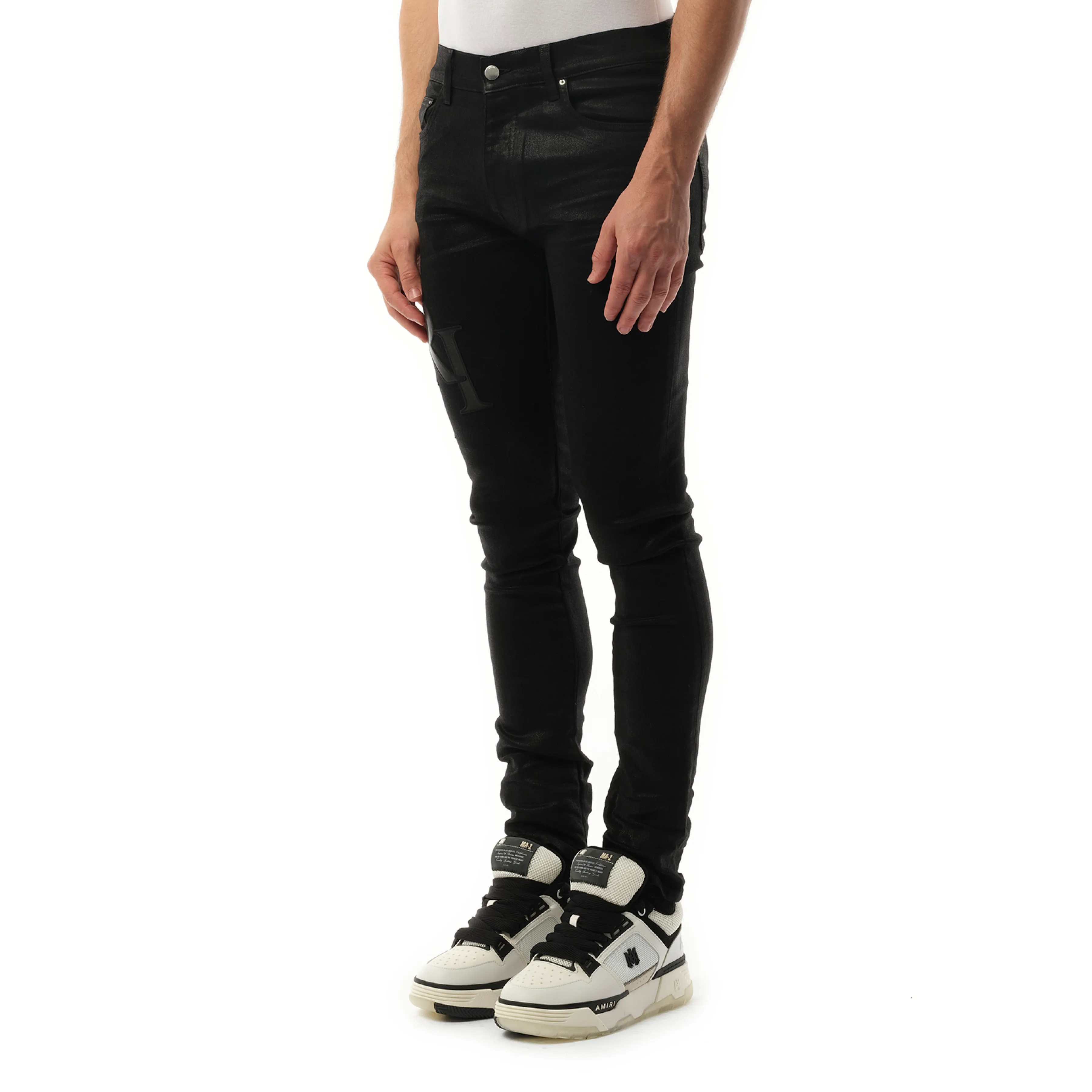 Waxed Staggered Logo Skinny Jeans in Black Wax sold by MARAIS product image thumbnail 5