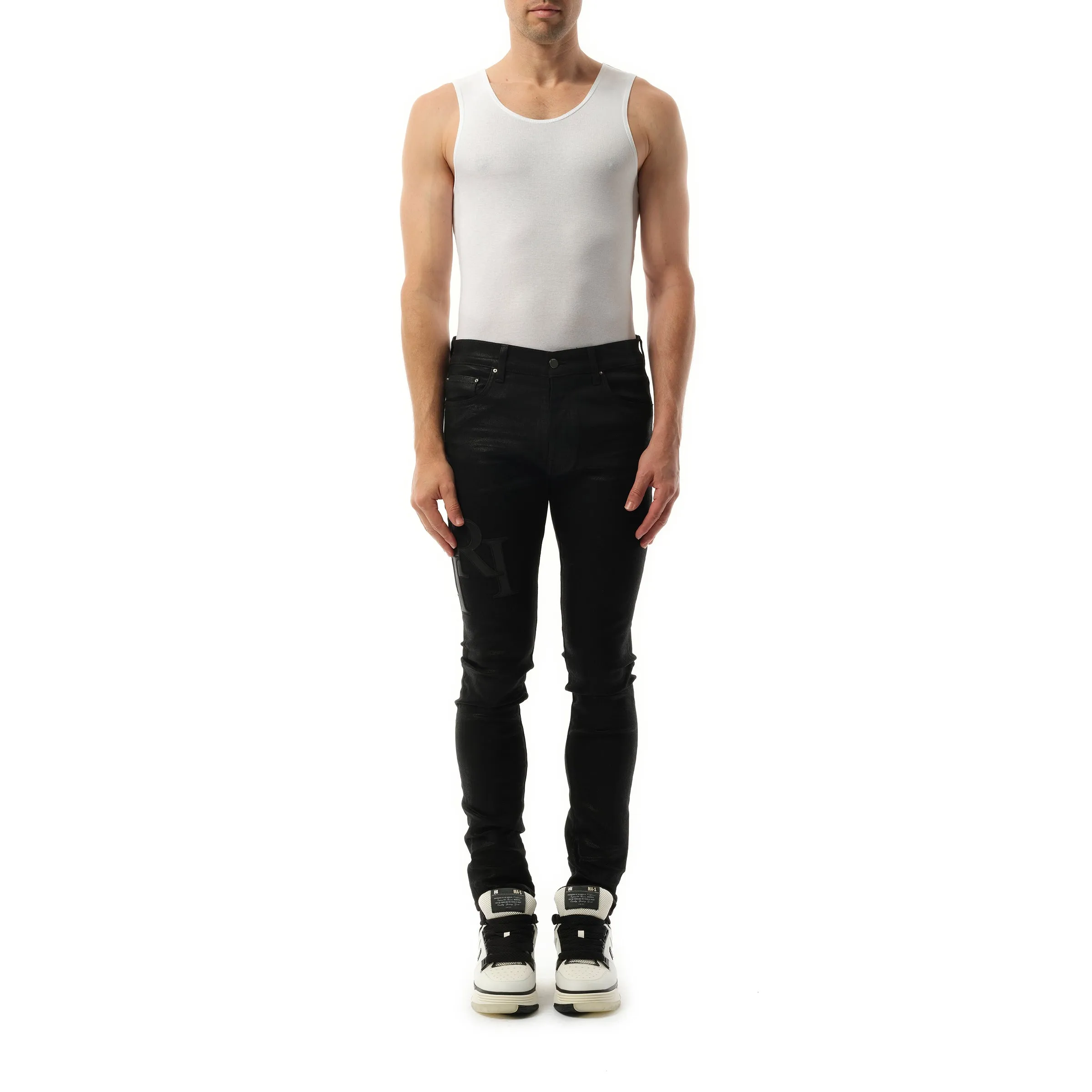 Waxed Staggered Logo Skinny Jeans in Black Wax sold by MARAIS product image thumbnail 4