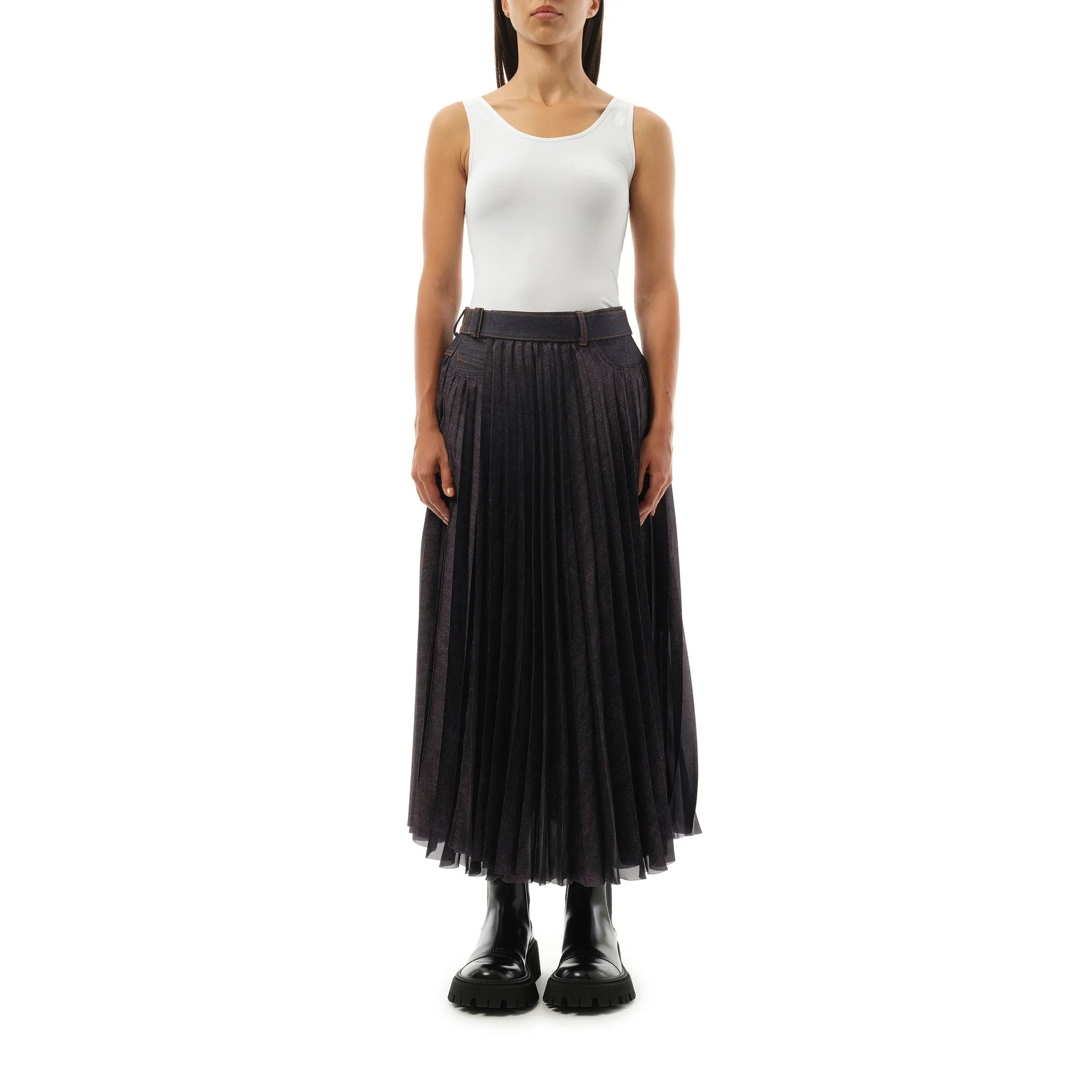 Denim Mix Pleat Skirt in Indigo sold by MARAIS product image thumbnail 4