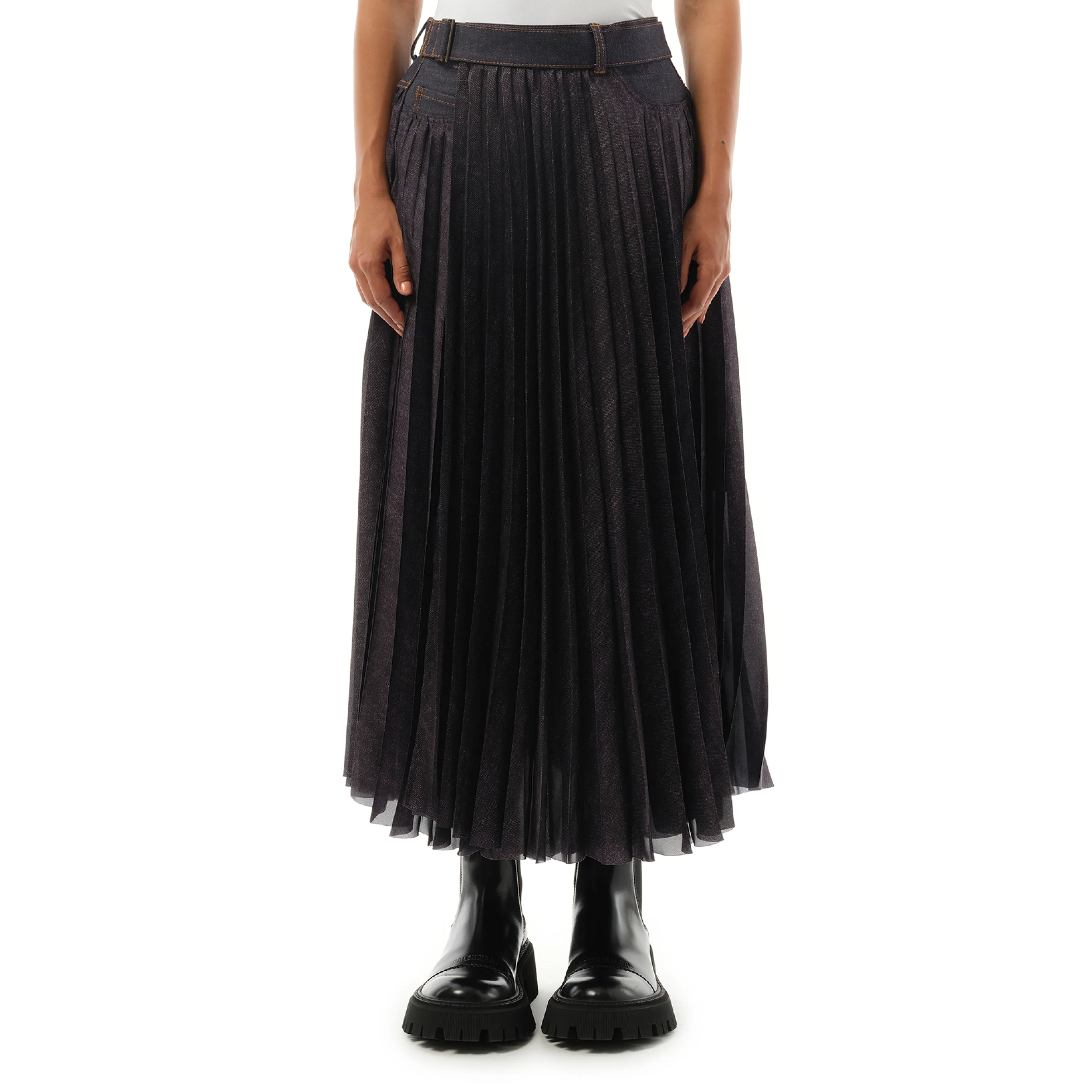 Denim Mix Pleat Skirt in Indigo sold by MARAIS