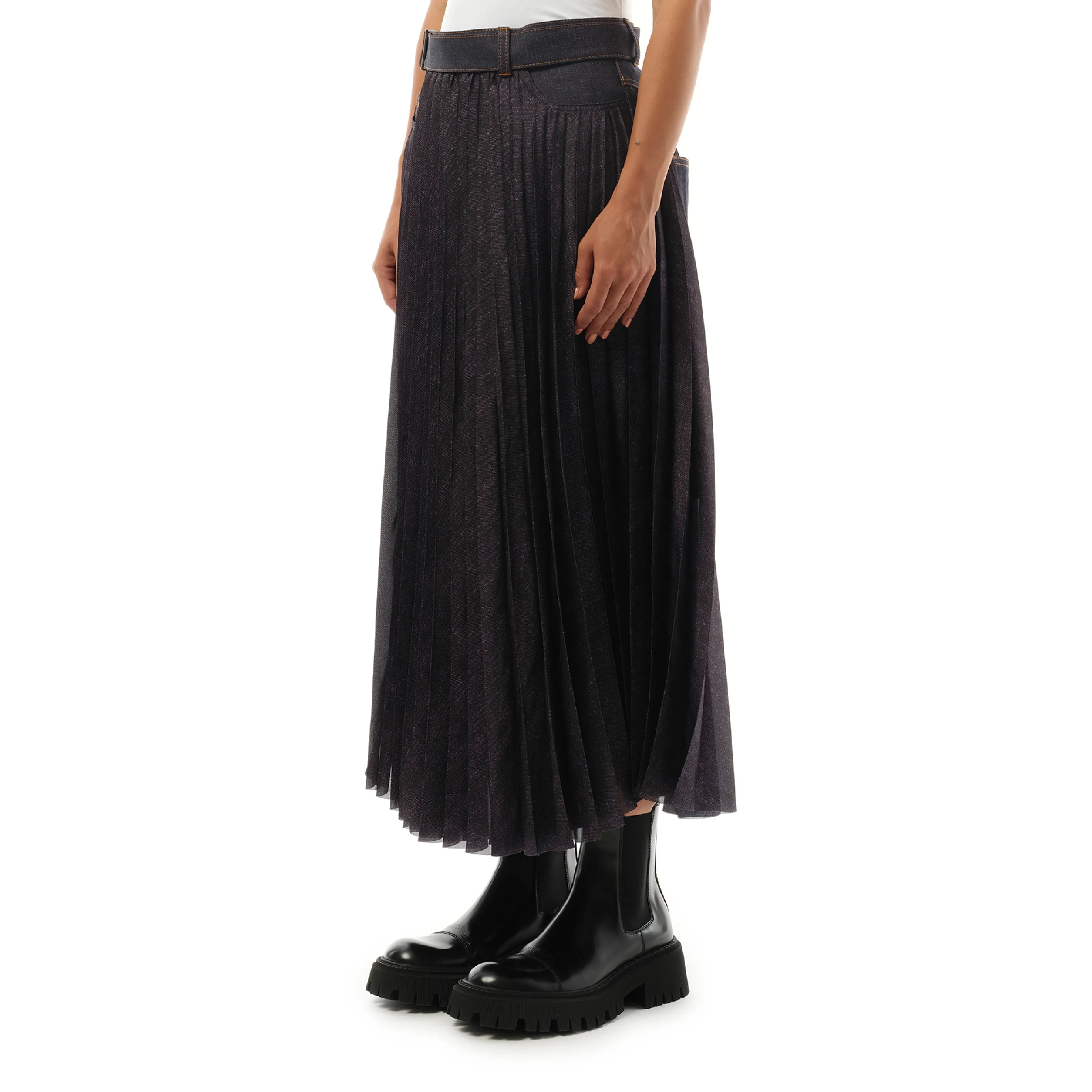 Denim Mix Pleat Skirt in Indigo sold by MARAIS product image thumbnail 5