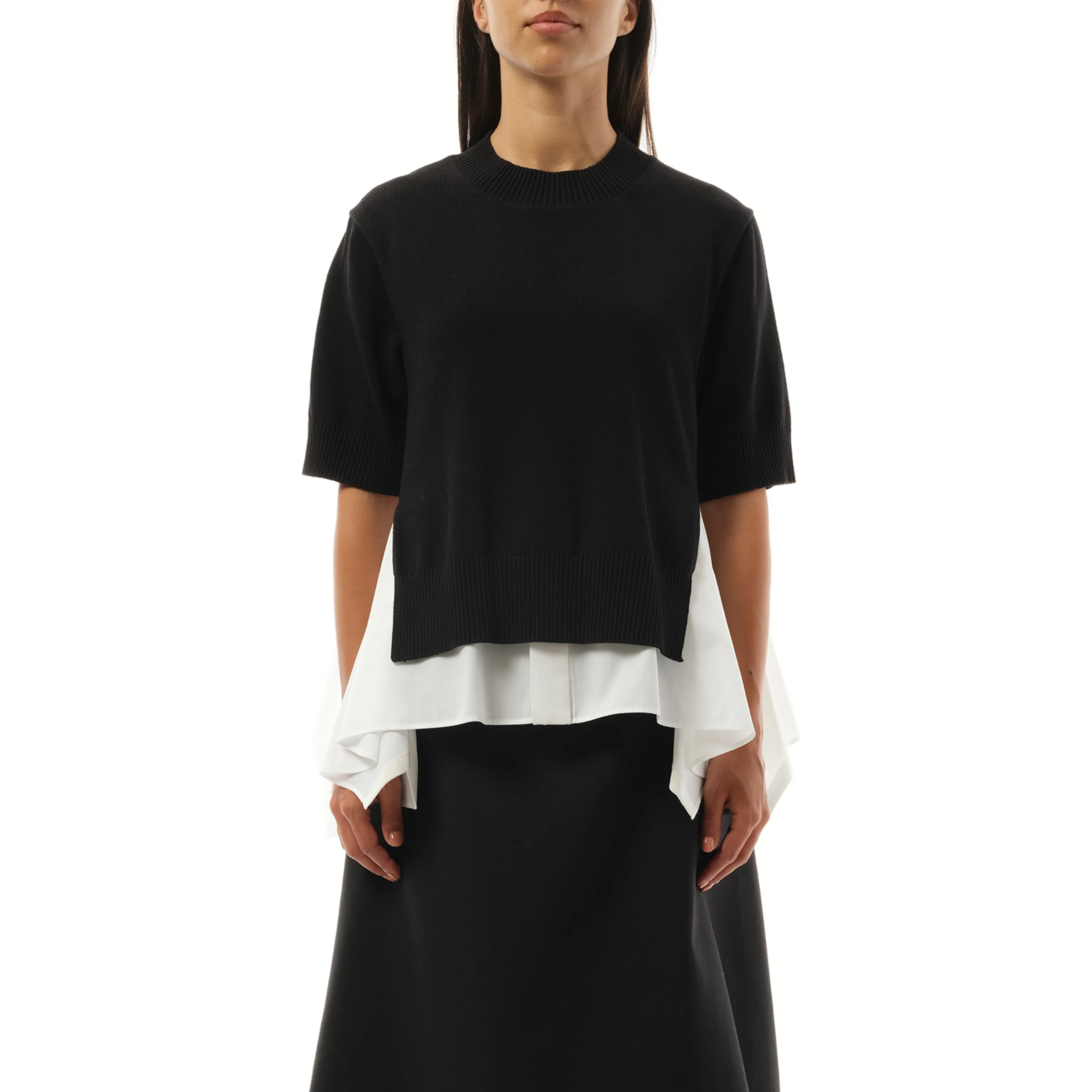 Cotton Poplin x Knit Pullover in Black/Off White sold by MARAIS