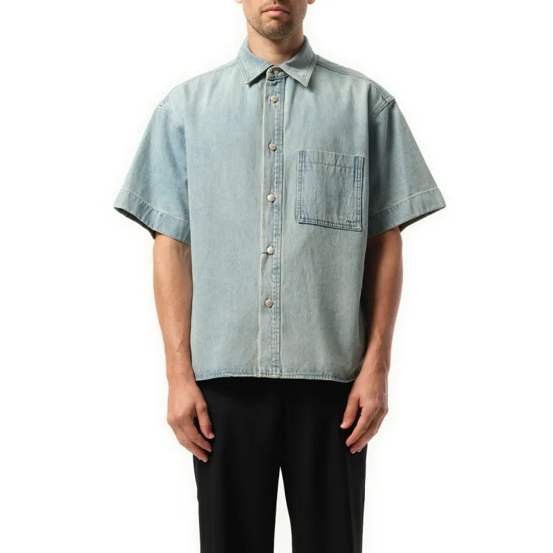 Logo Denim Short Sleeve Shirt in Blue sold by MARAIS