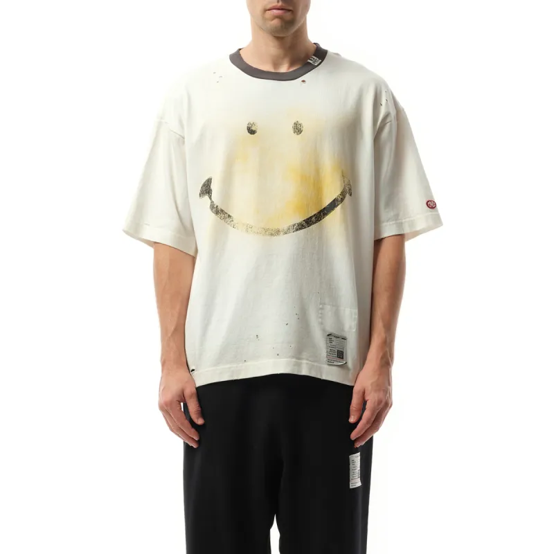 Smily Face Printed Distressed T-Shirt in White sold by MARAIS