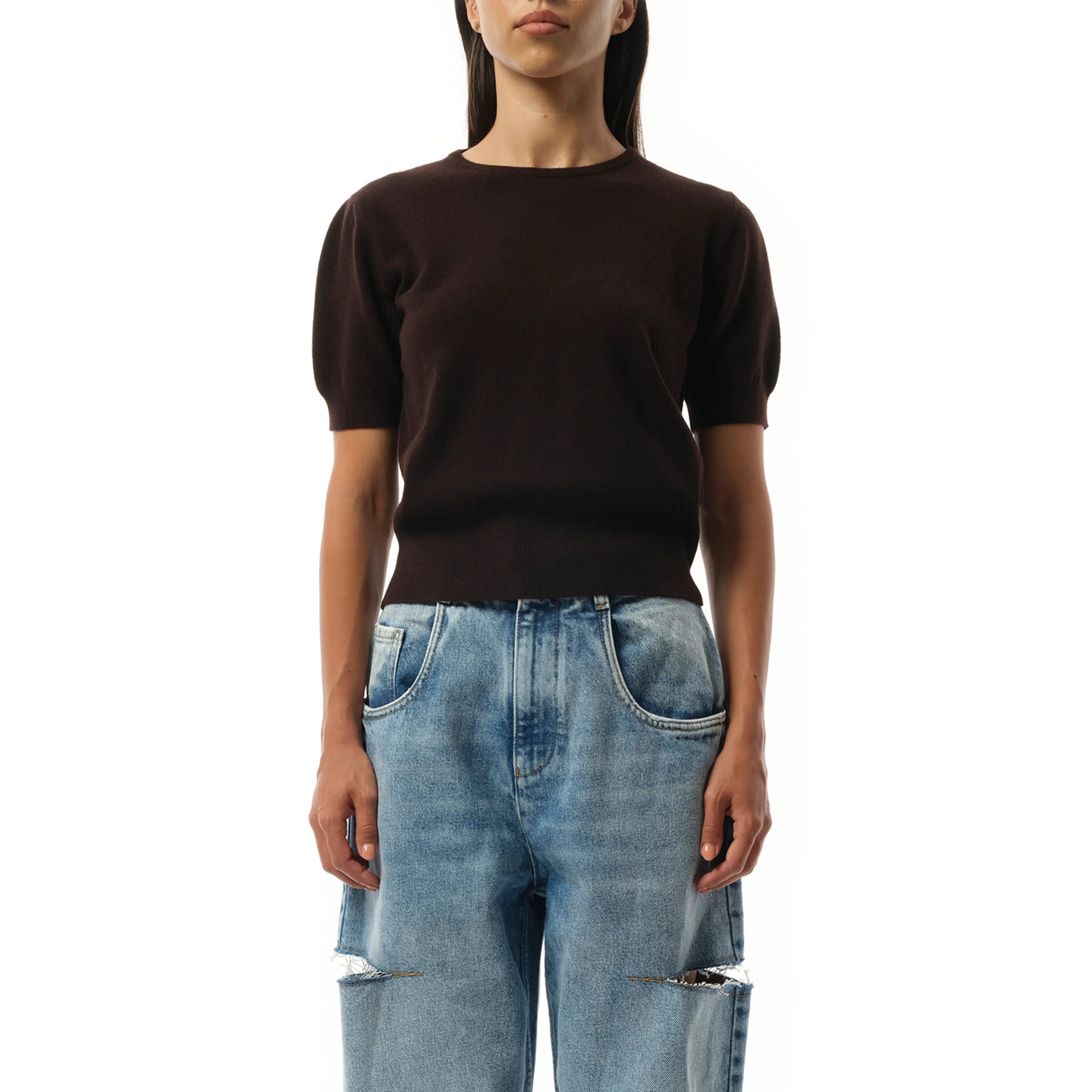 Short-sleeved Sweater in Dark Brown sold by MARAIS