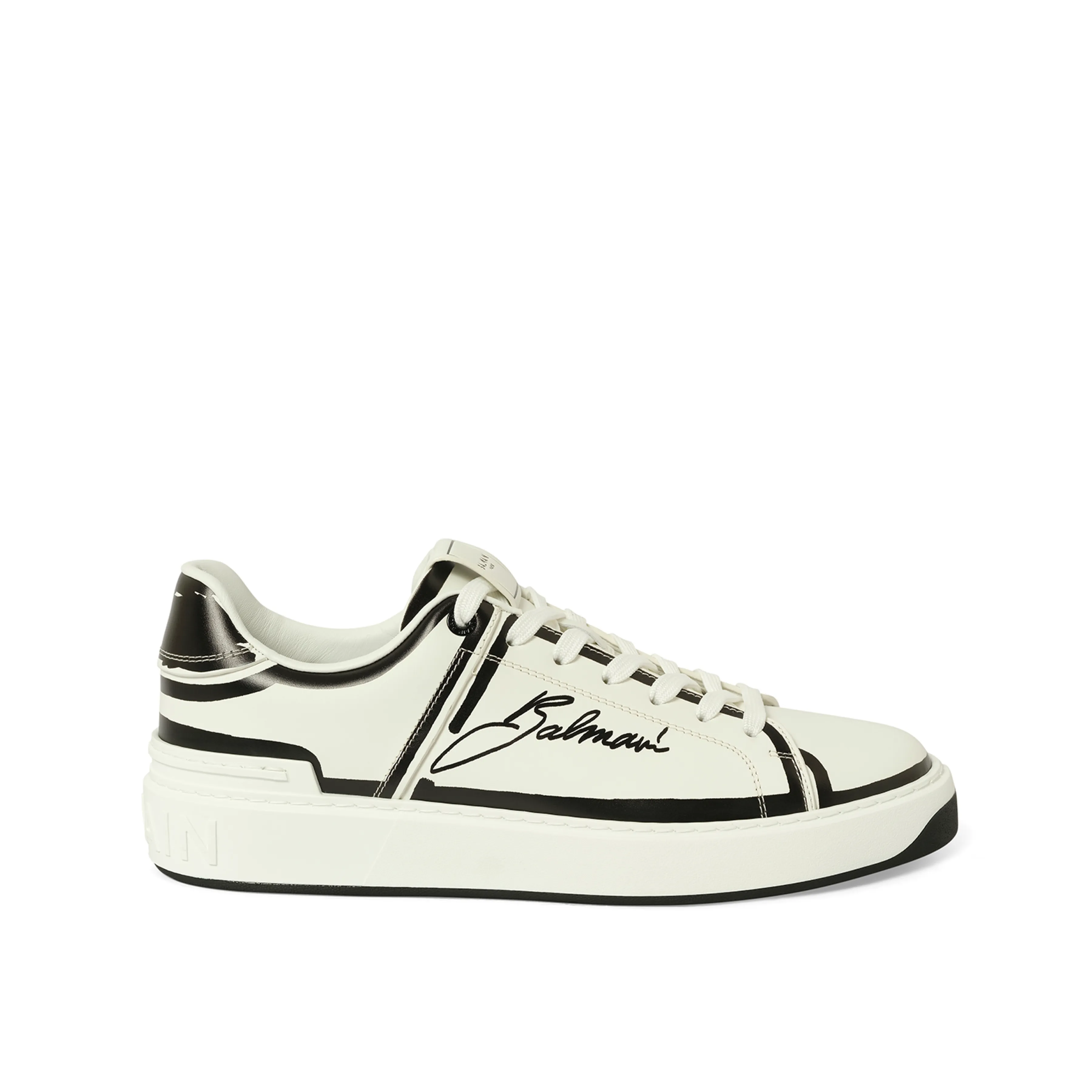 B-Court-Printed Balmain Sneaker in White/Black sold by MARAIS