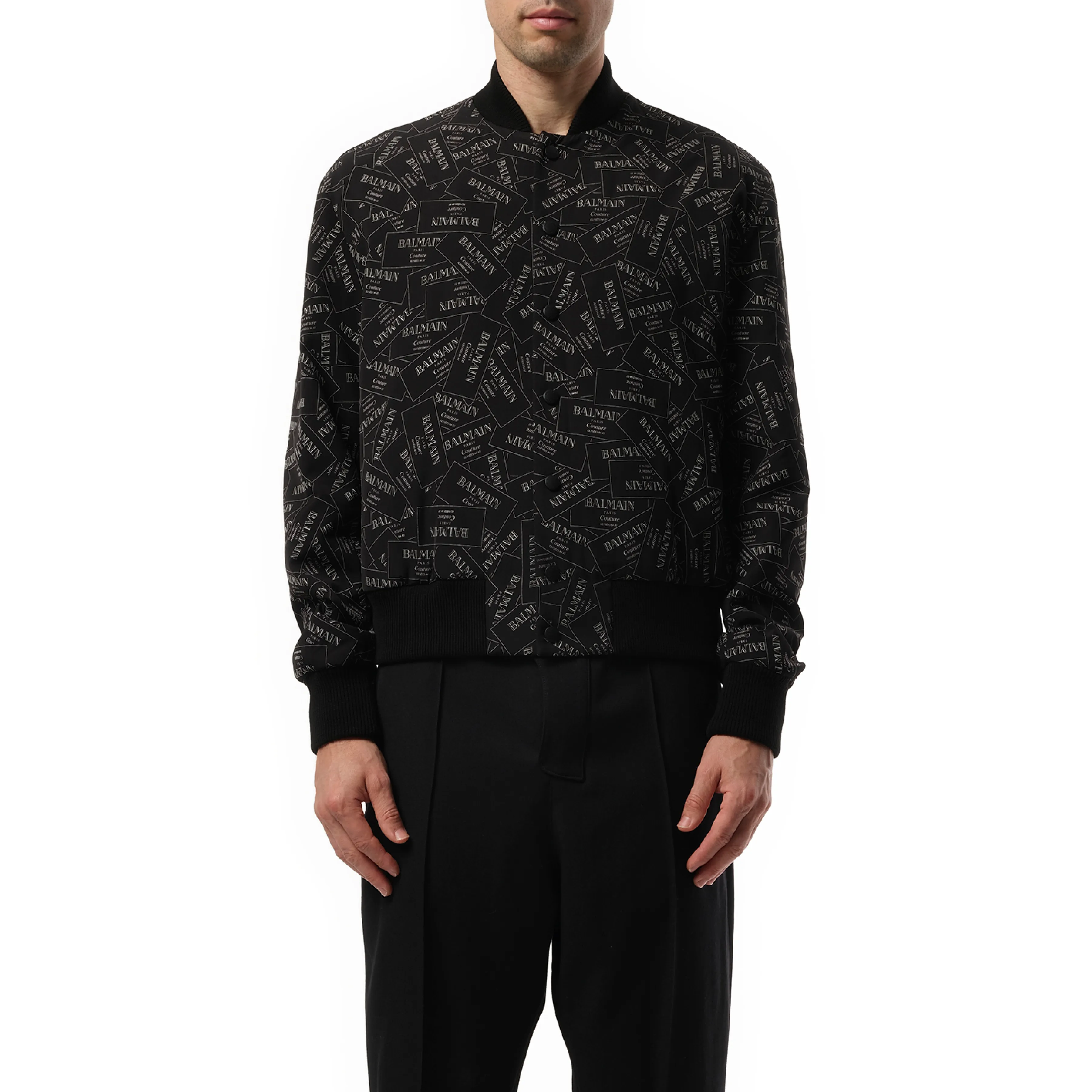 Allover Label Bomber Jacket in Black/White sold by MARAIS