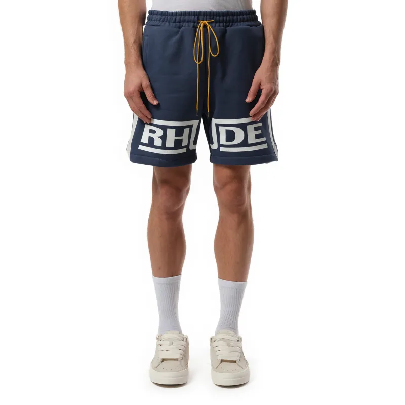 Rhude Champions Shorts in Navy/Vintage White sold by MARAIS