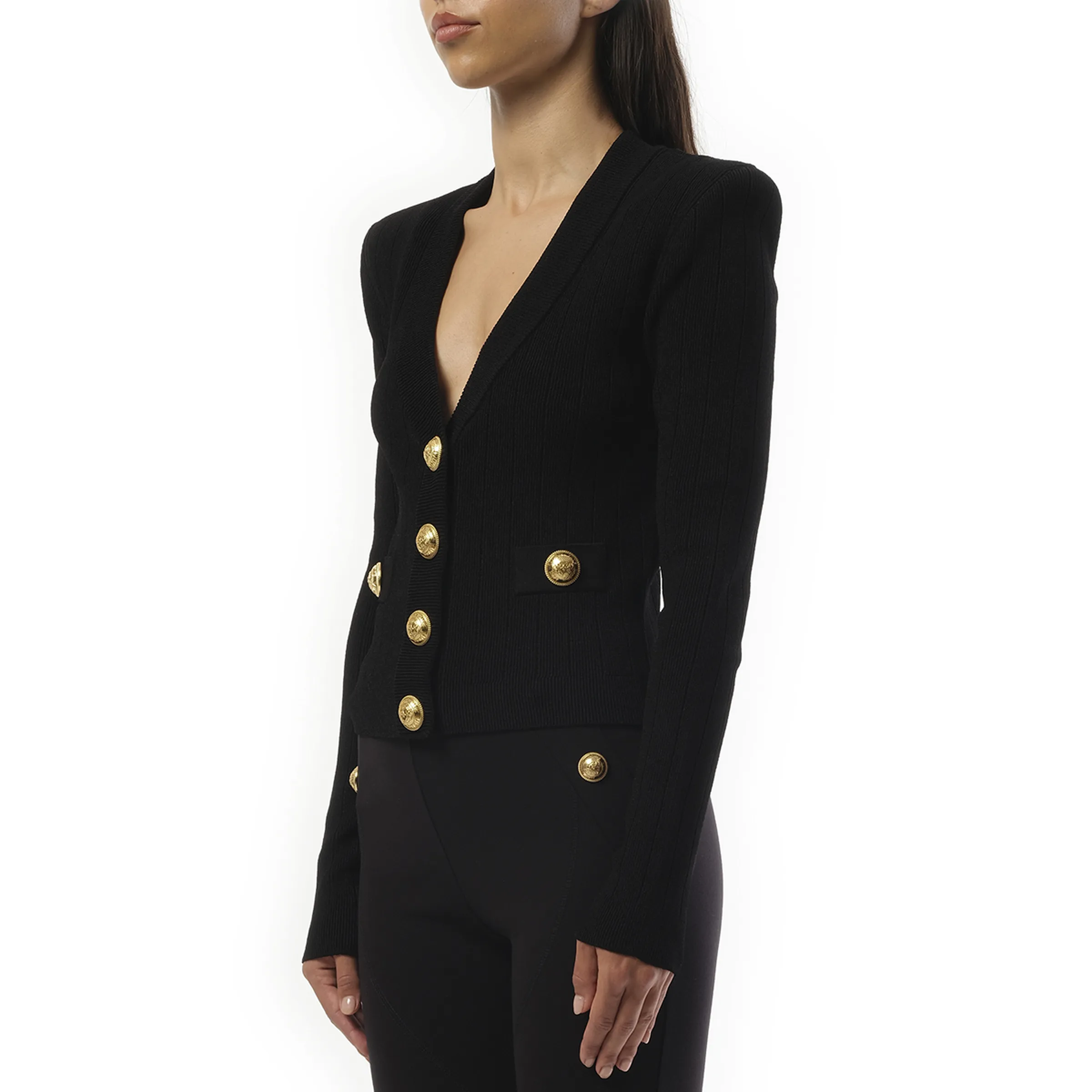 V-Neck 2 Pockets Buttoned Knit Cardigan in Black sold by MARAIS product image thumbnail 5