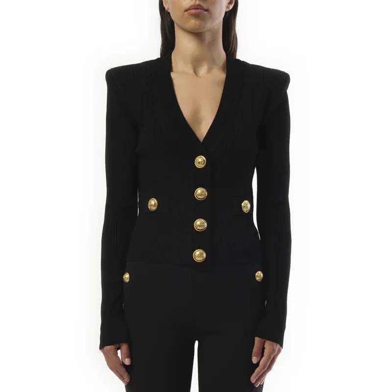 V-Neck 2 Pockets Buttoned Knit Cardigan in Black sold by MARAIS