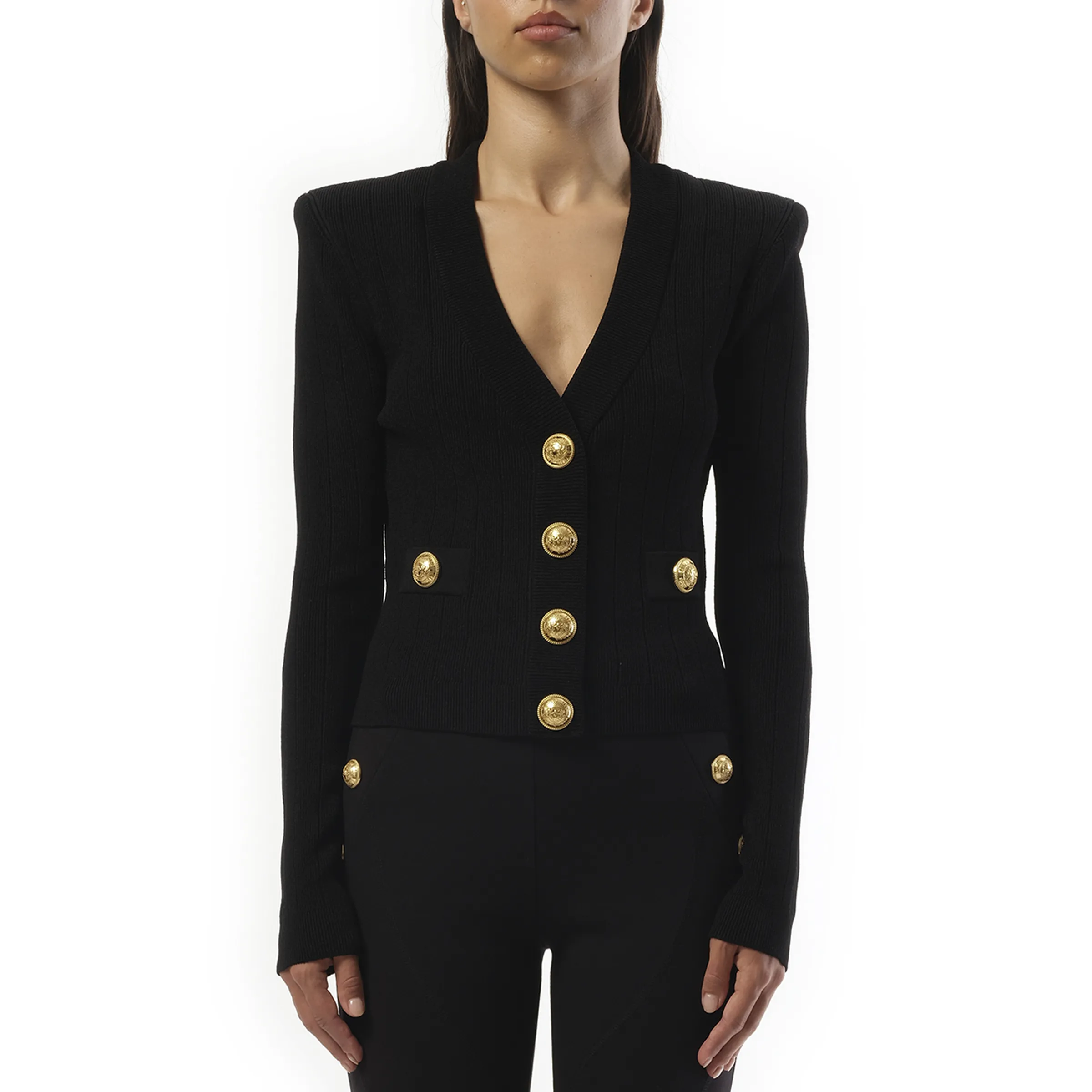 V-Neck 2 Pockets Buttoned Knit Cardigan in Black sold by MARAIS