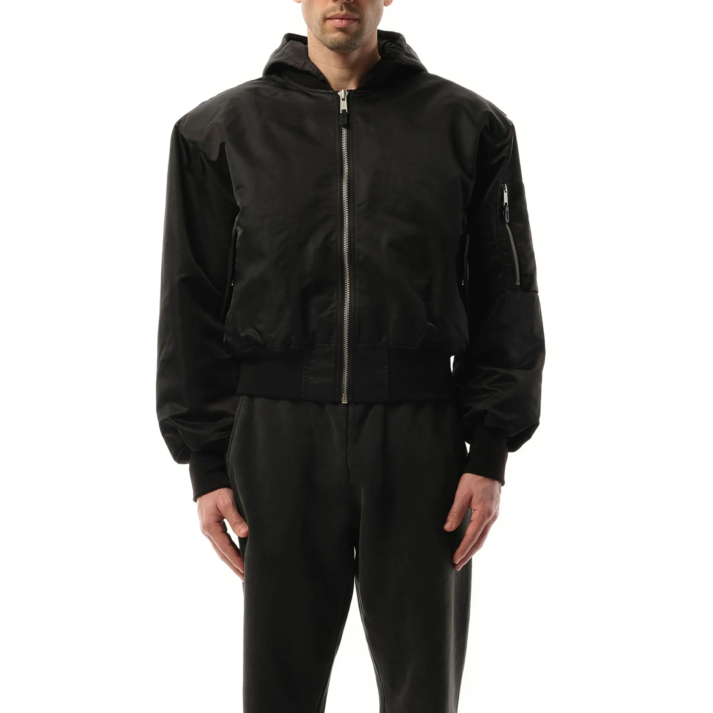 Hooded Broad Bomber Jacket in Oil sold by MARAIS