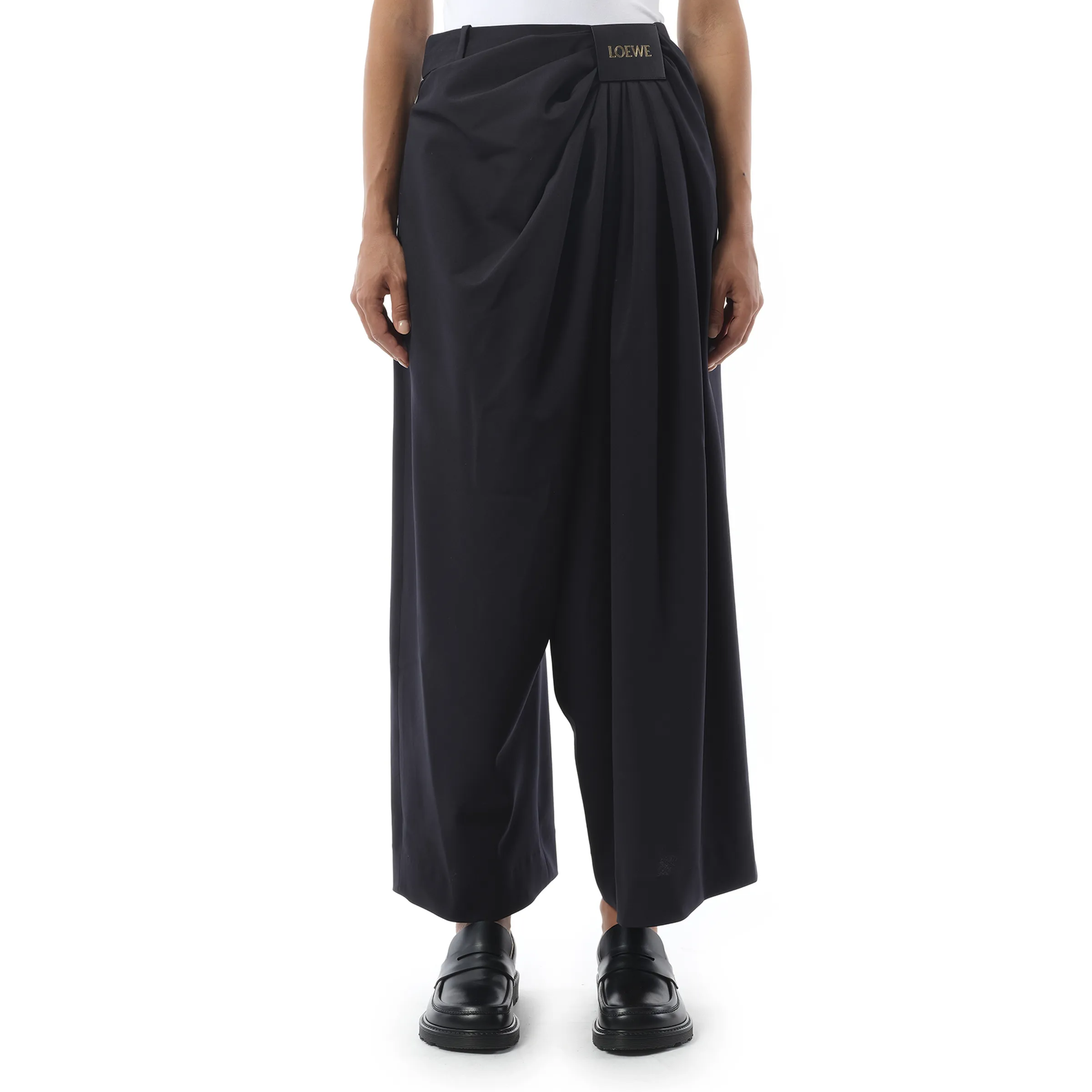 Cropped Draped Trouser in Dark Navy Blue sold by MARAIS