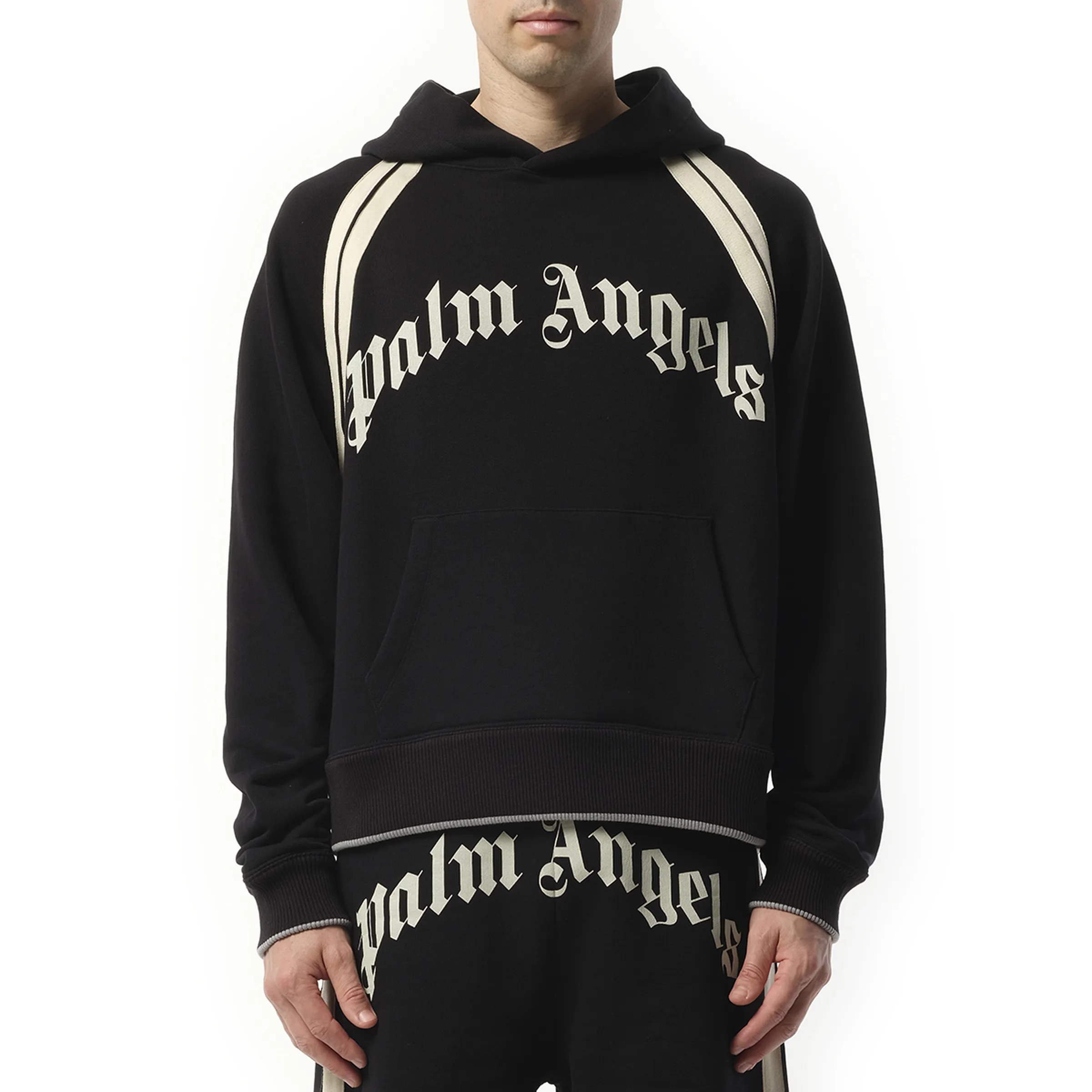 Curved Logo Track Hoodie in Black/Ivory sold by MARAIS