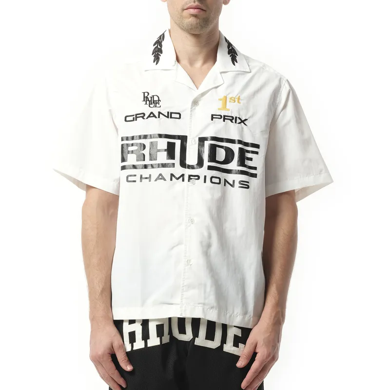 Rhude Champions Snap Shirt in White sold by MARAIS