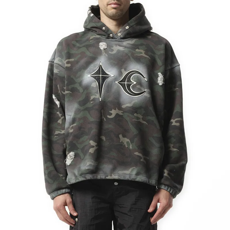 Sprayed Camoflage Rock Hoodie in Camo sold by MARAIS