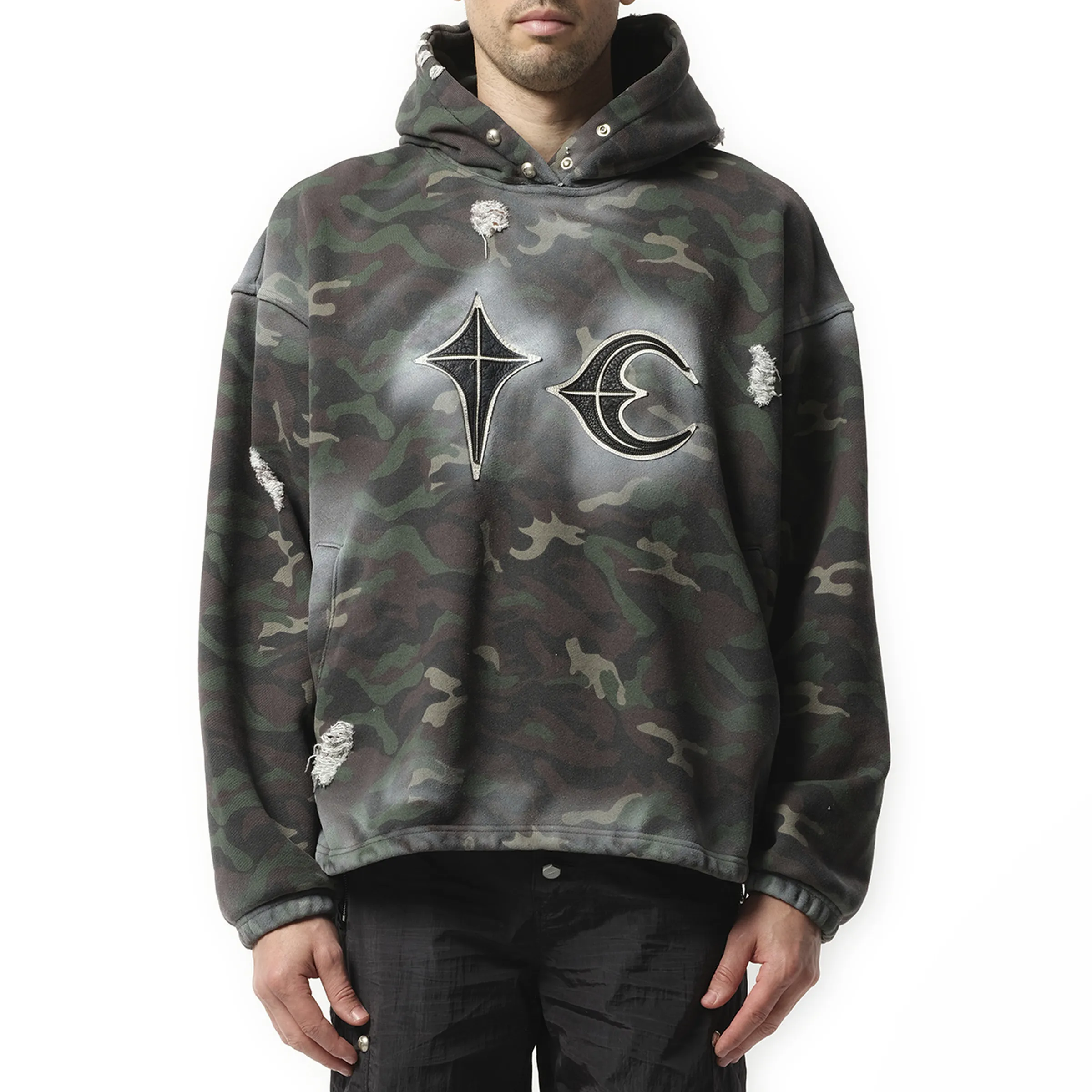 Sprayed Camoflage Rock Hoodie in Camo sold by MARAIS