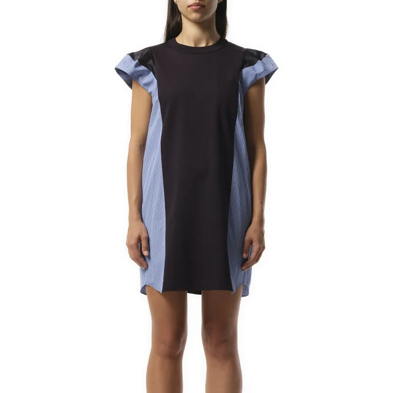 Poplin Cotton Jersey Dress in Navy/Blue Stripe made by Sacai
