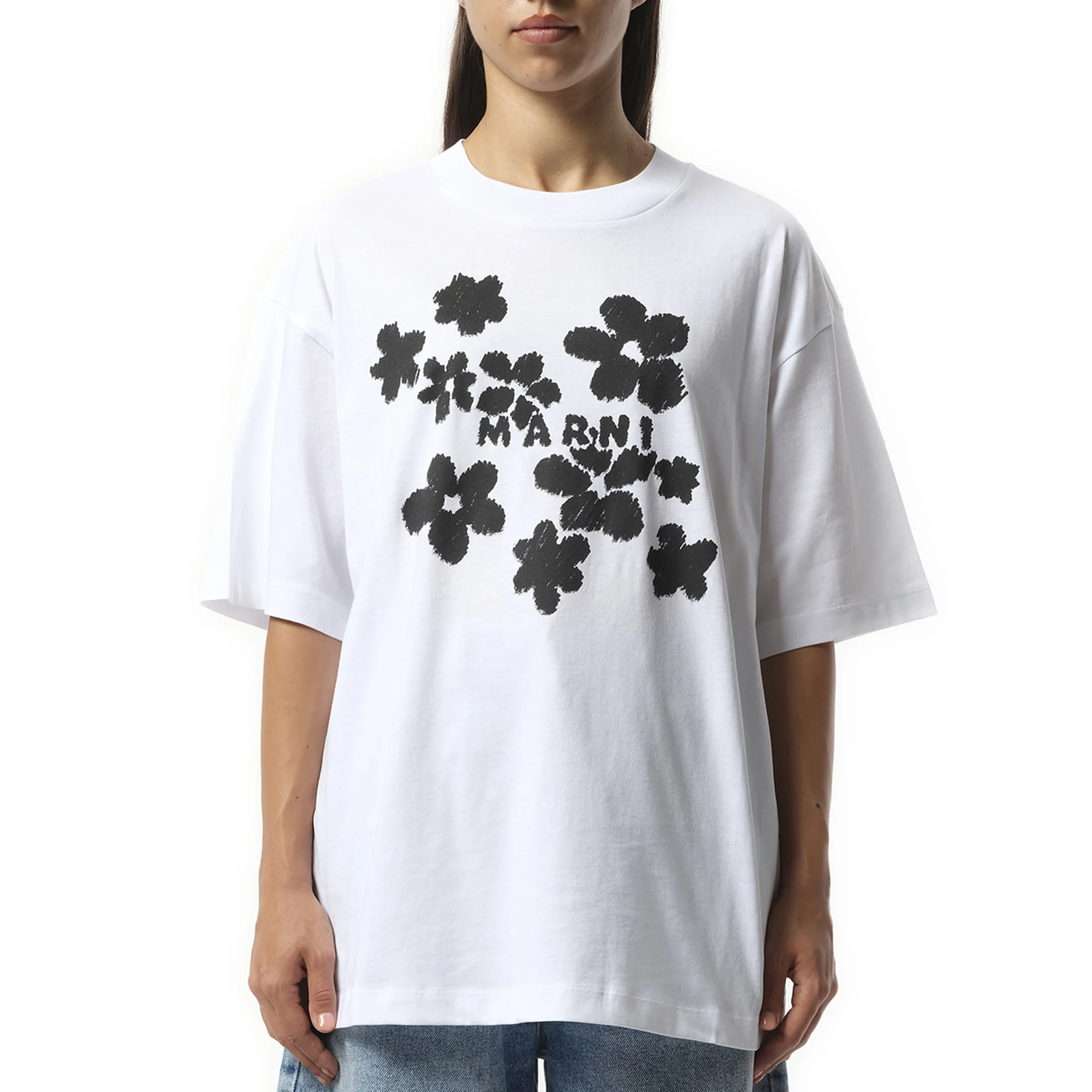 Boxy Flower Print T-Shirt in Lily White sold by MARAIS
