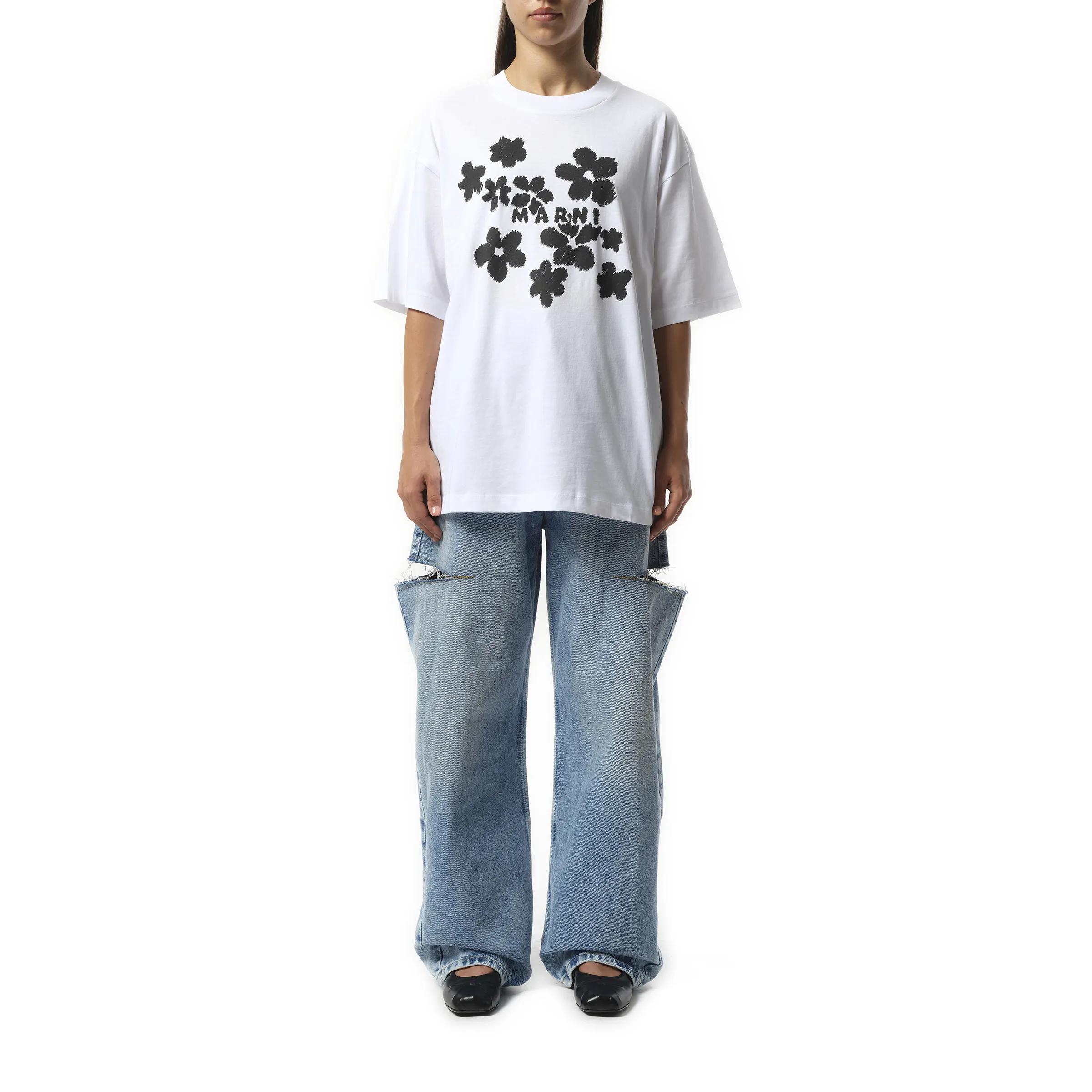 Boxy Flower Print T-Shirt in Lily White sold by MARAIS product image thumbnail 4