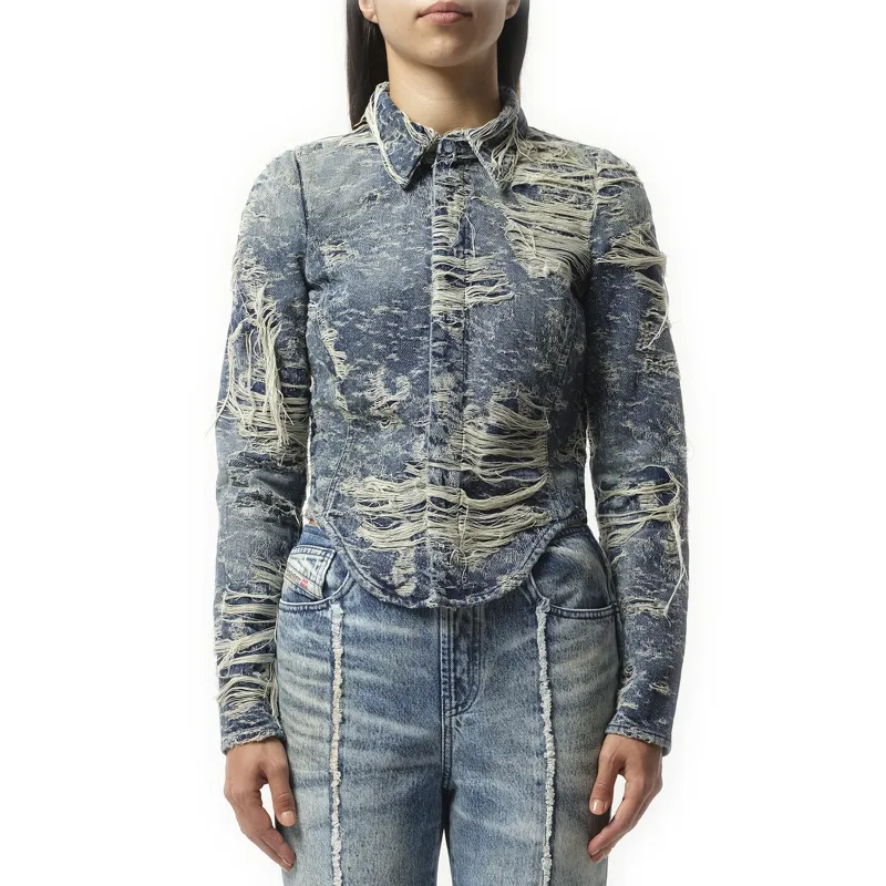 De-Madeline Distressed Denim Shirt in Blue sold by MARAIS