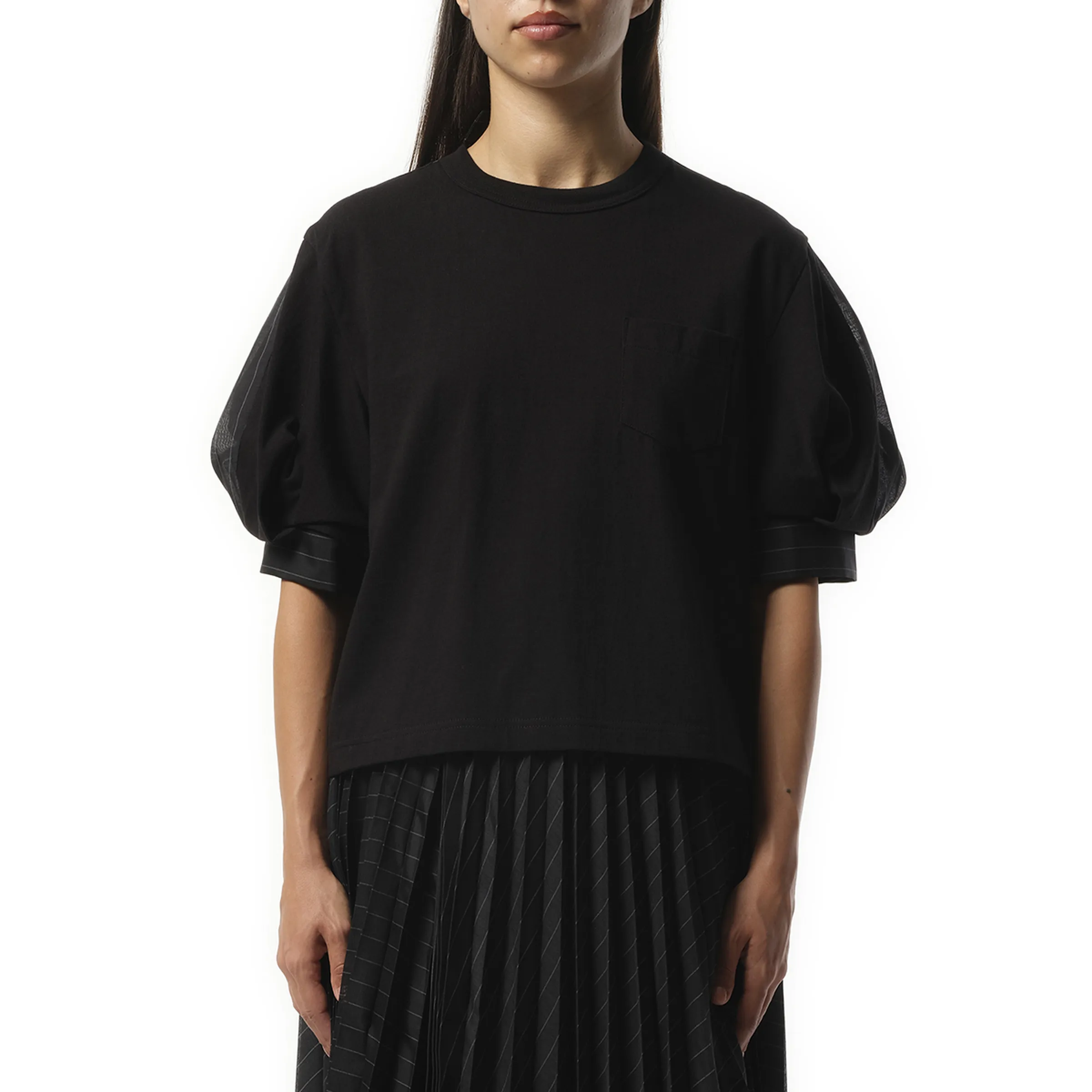 Spun Organza x Cotton Jersey T-Shirt in Black Stripe sold by MARAIS