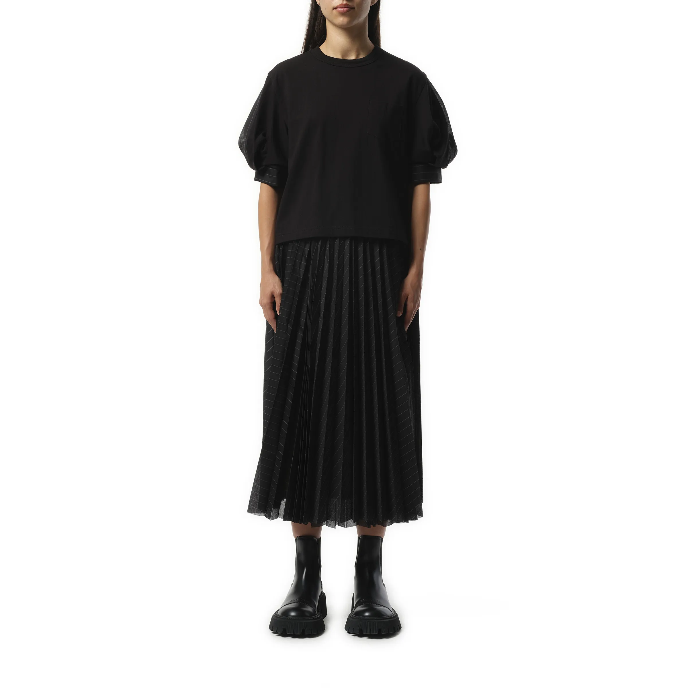 Spun Organza x Cotton Jersey T-Shirt in Black Stripe sold by MARAIS product image thumbnail 4