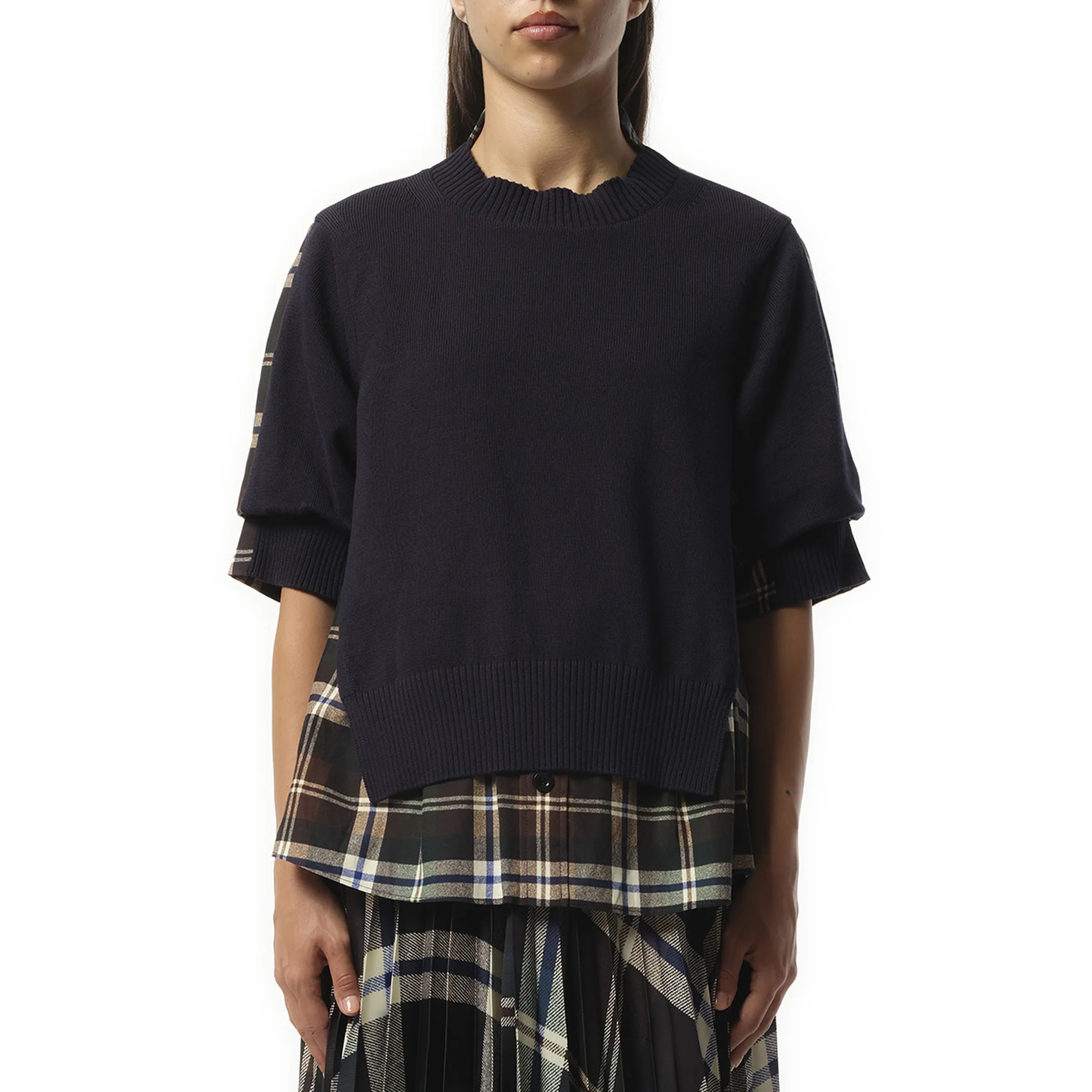 Plaid Print x Knit Pullover in Green/Brown sold by MARAIS