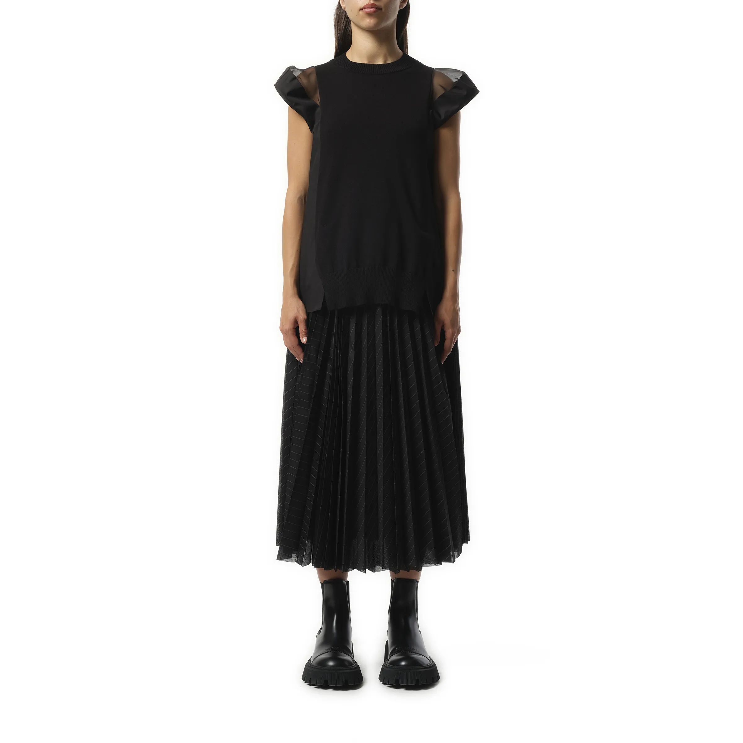 Poplin x Knit Cap Shoulder Pullover in Black sold by MARAIS product image thumbnail 4