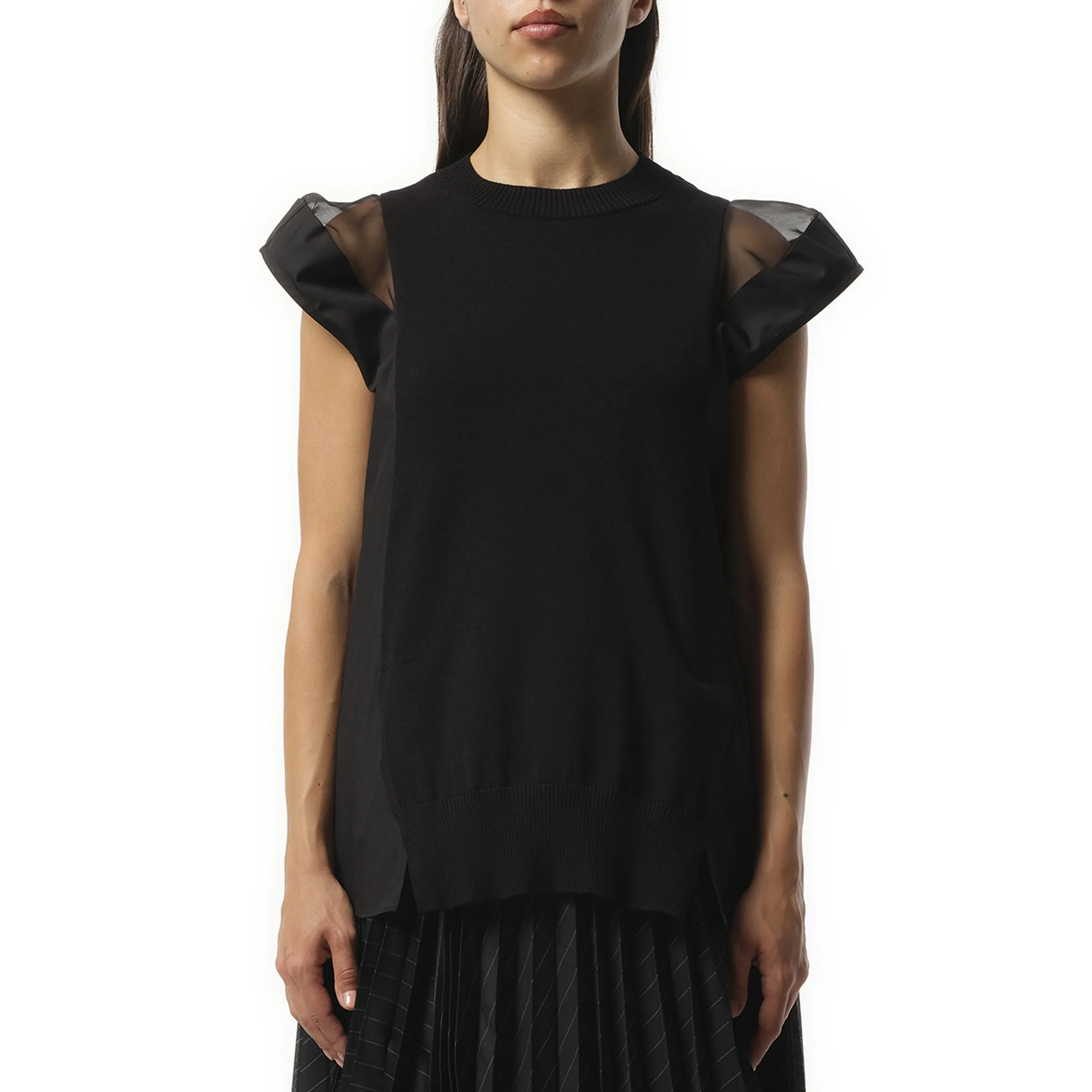 Poplin x Knit Cap Shoulder Pullover in Black sold by MARAIS