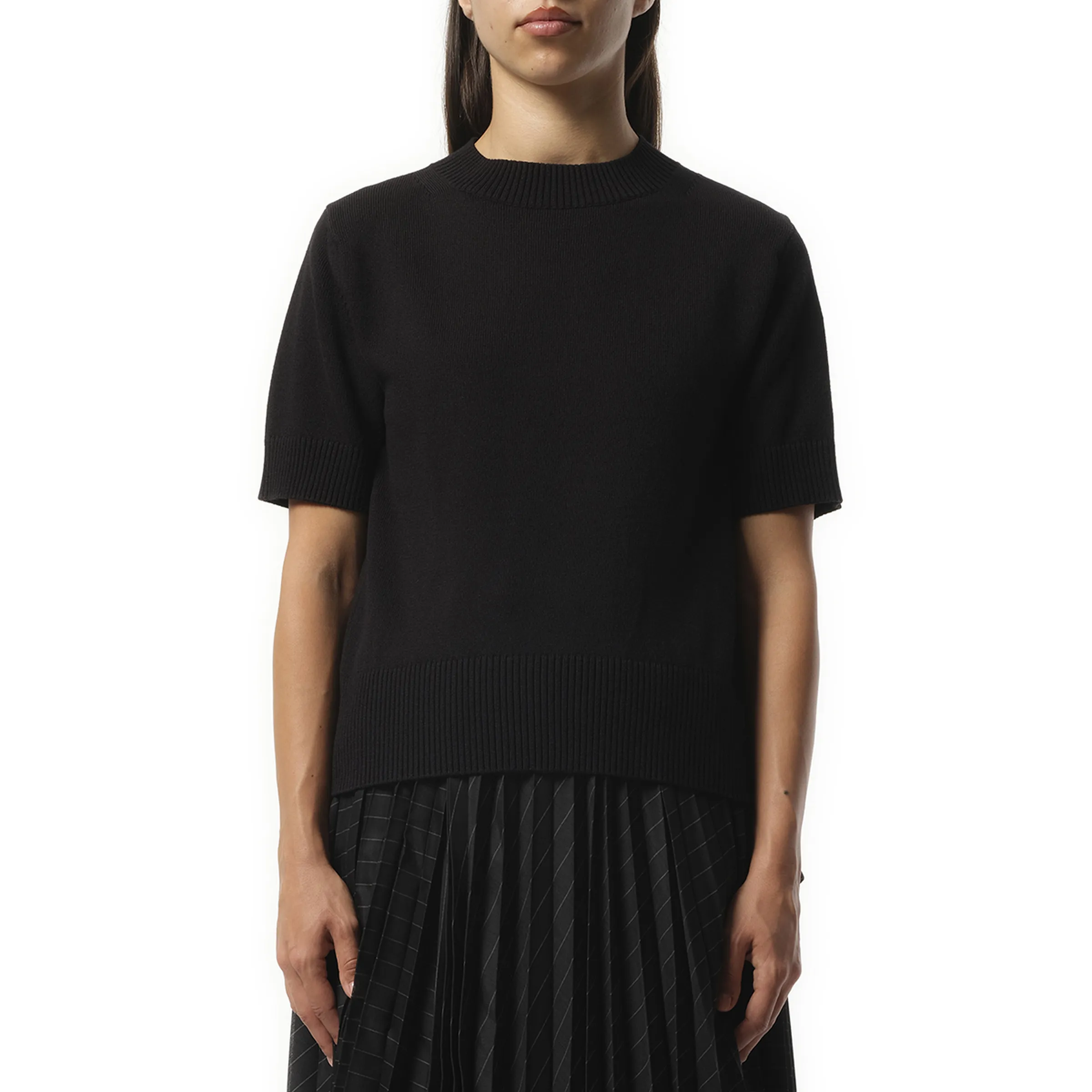 Nylon Twill x Knit Short-sleeve Pullover in Black sold by MARAIS