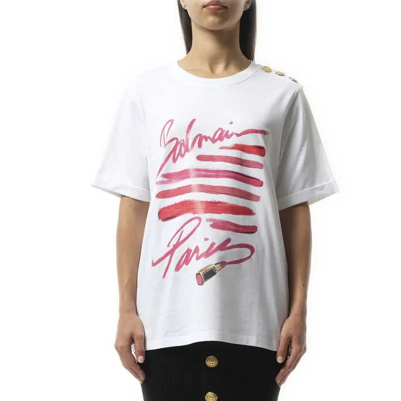 3 Btn Balmain Lipstick Print T-Shirt in White sold by MARAIS