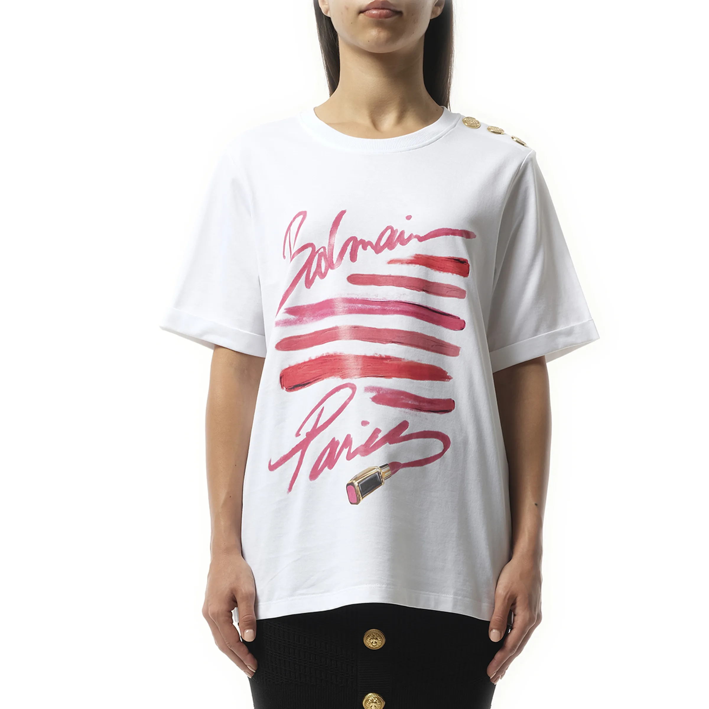 3 Btn Balmain Lipstick Print T-Shirt in White sold by MARAIS
