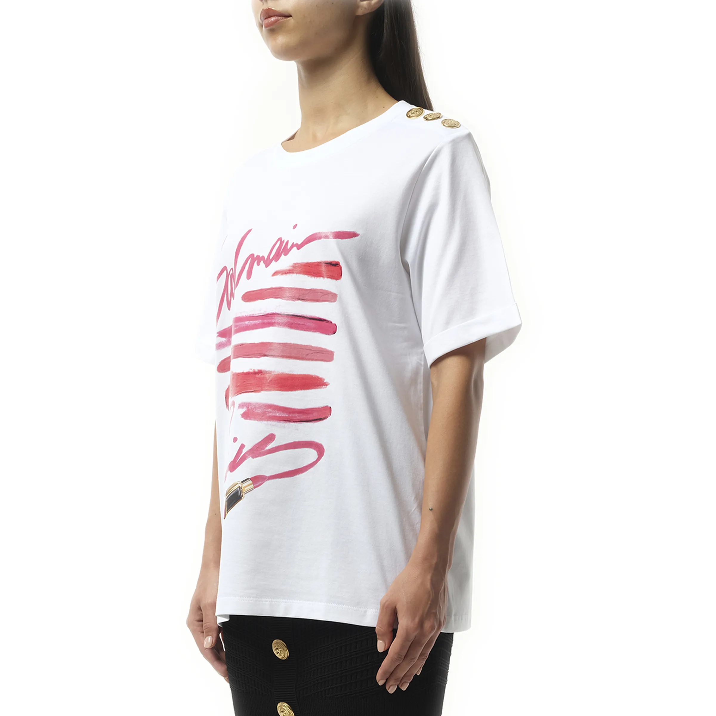 3 Btn Balmain Lipstick Print T-Shirt in White sold by MARAIS product image thumbnail 5
