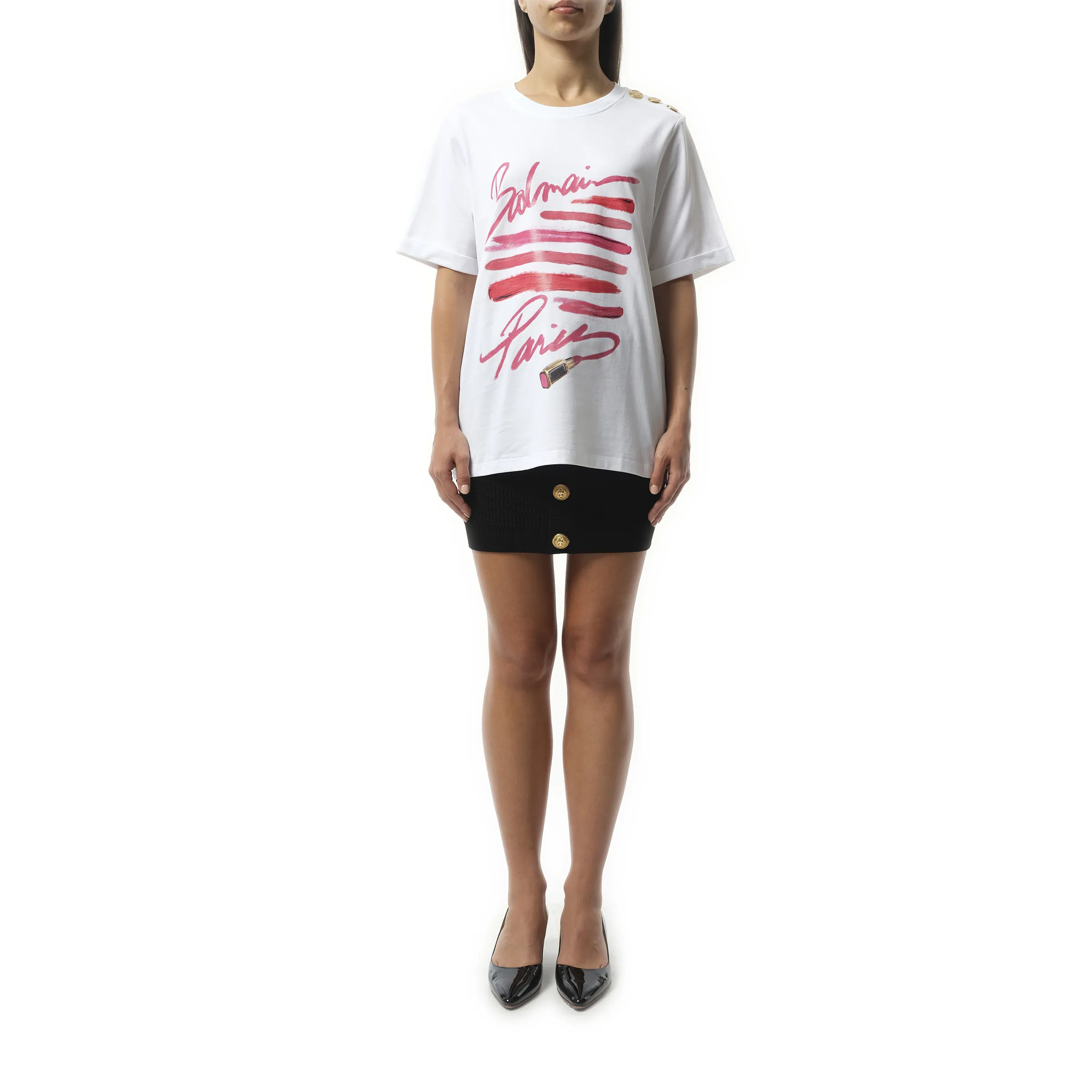 3 Btn Balmain Lipstick Print T-Shirt in White sold by MARAIS product image thumbnail 4